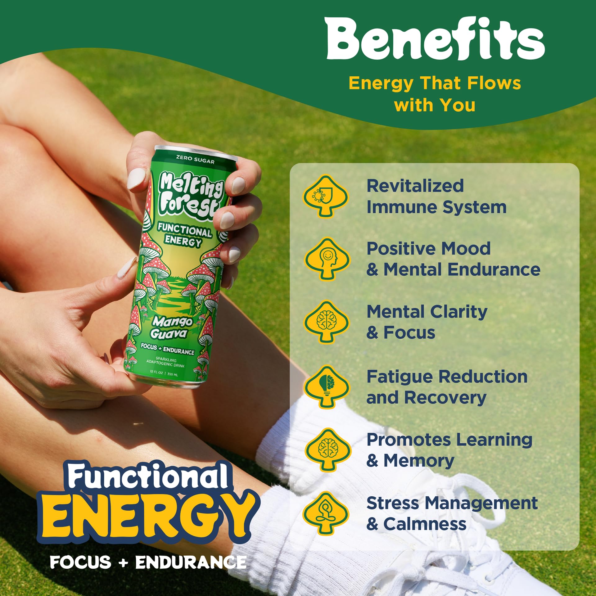 Melting Forest Mango Guava Sparkling Mushroom Energy Drink, Case of 12, 12 Fluid Ounce Cans