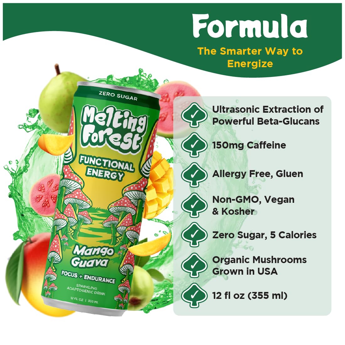 Melting Forest Mango Guava Sparkling Mushroom Energy Drink, Case of 12, 12 Fluid Ounce Cans