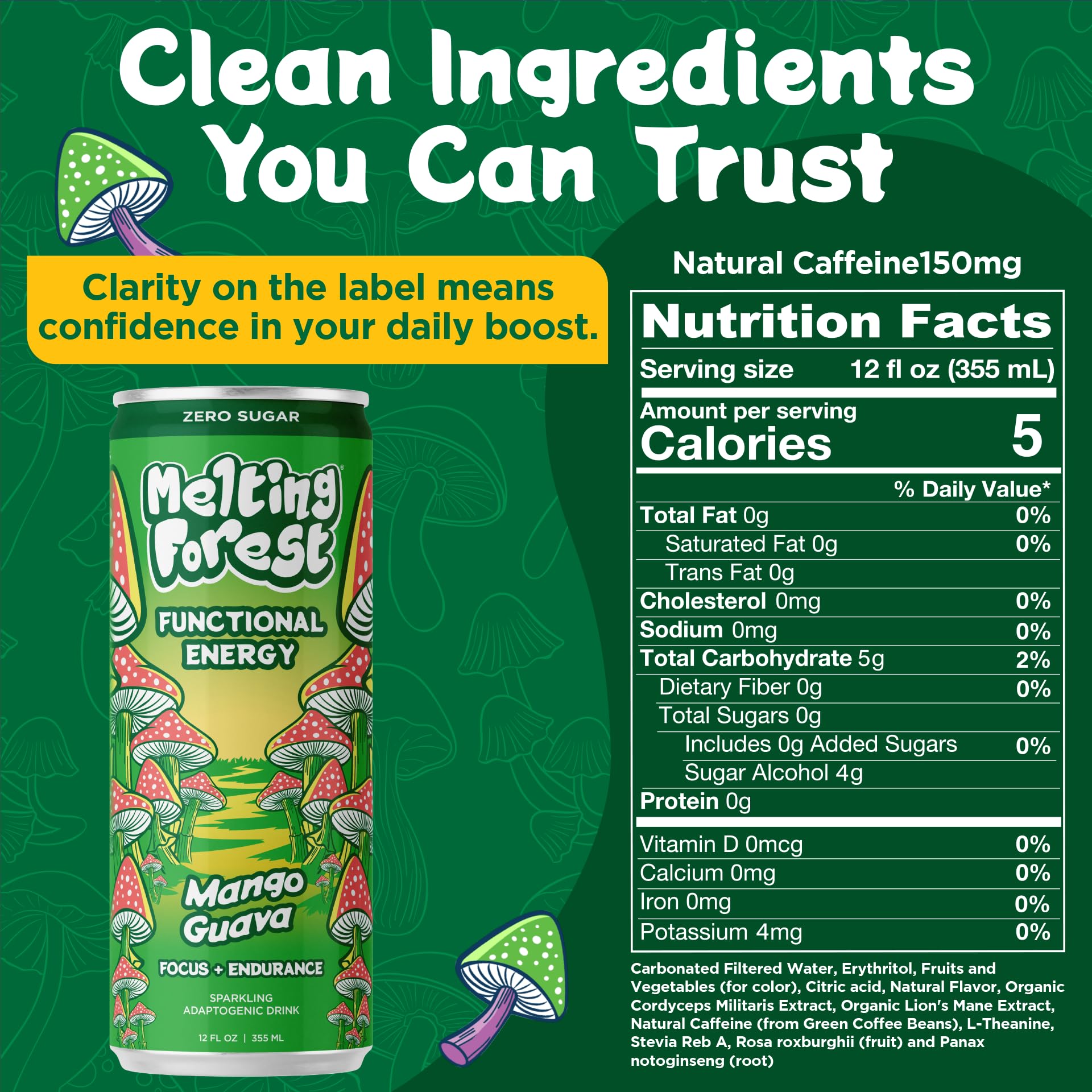 Melting Forest Mango Guava Sparkling Mushroom Energy Drink, Case of 12, 12 Fluid Ounce Cans