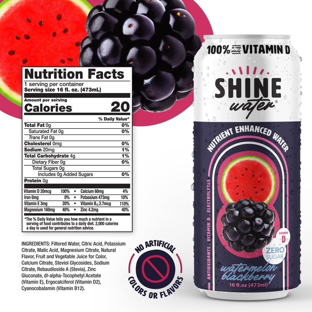 ShineWater Watermelon Blackberry Flavored Water, Case Of 12, 16 Fl Oz