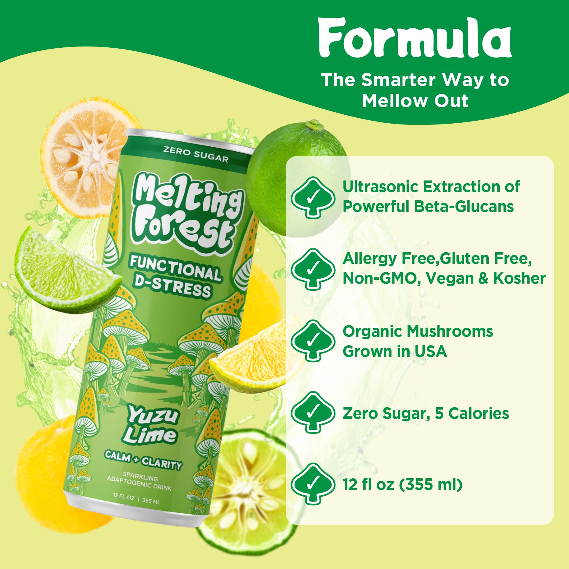 Melting Forest Yuzu Lime D-Stress Sparkling Drink, Case of 12, 12 fl oz Cans