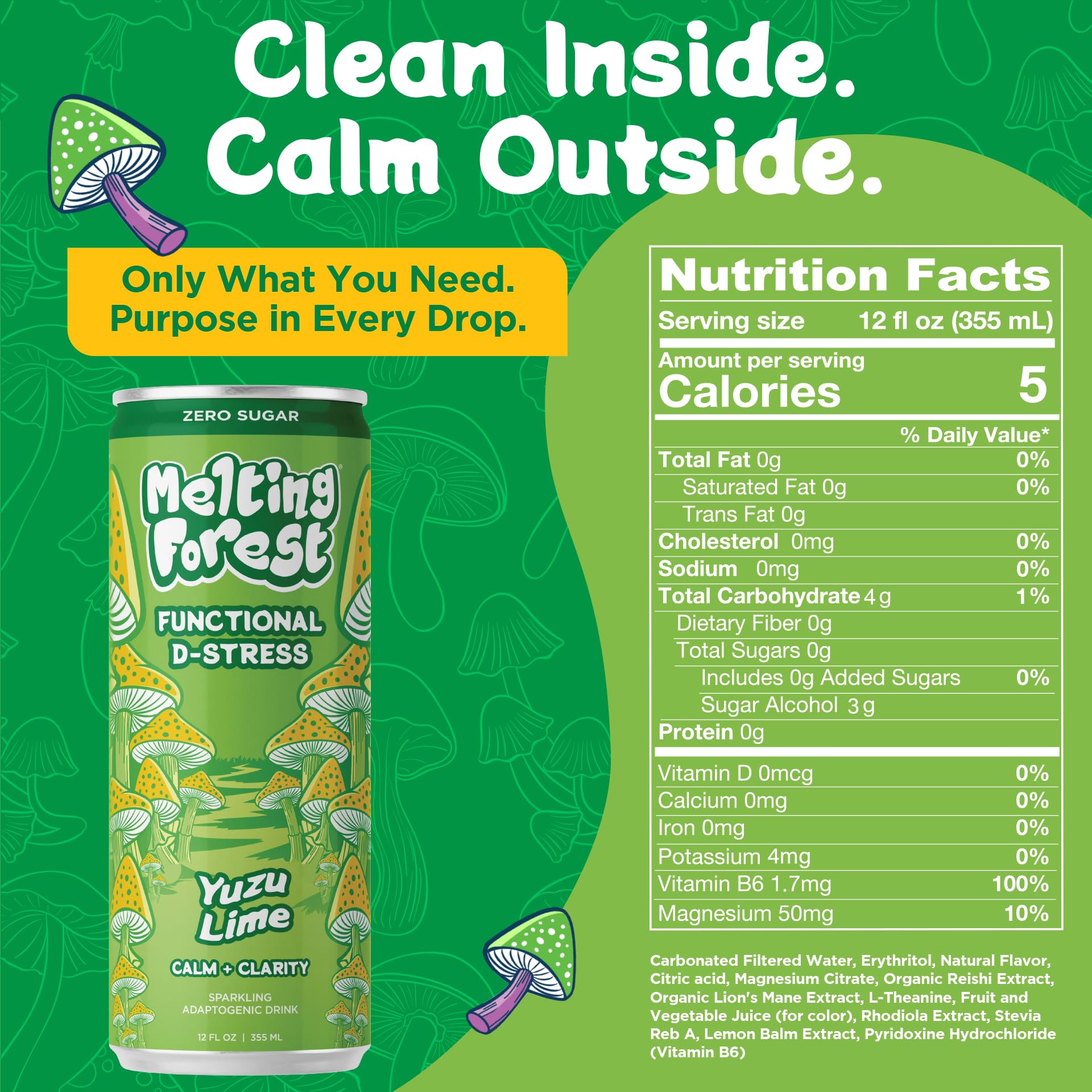 Melting Forest Yuzu Lime D-Stress Sparkling Drink, Case of 12, 12 fl oz Cans