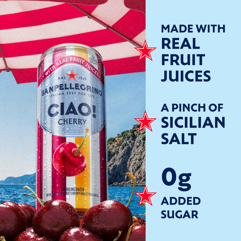 Sanpellegrino CIAO Cherry Sparkling Flavored Water with Real Fruit Juices, Case of 4, 6 Pack, 11.15 fl oz Cans