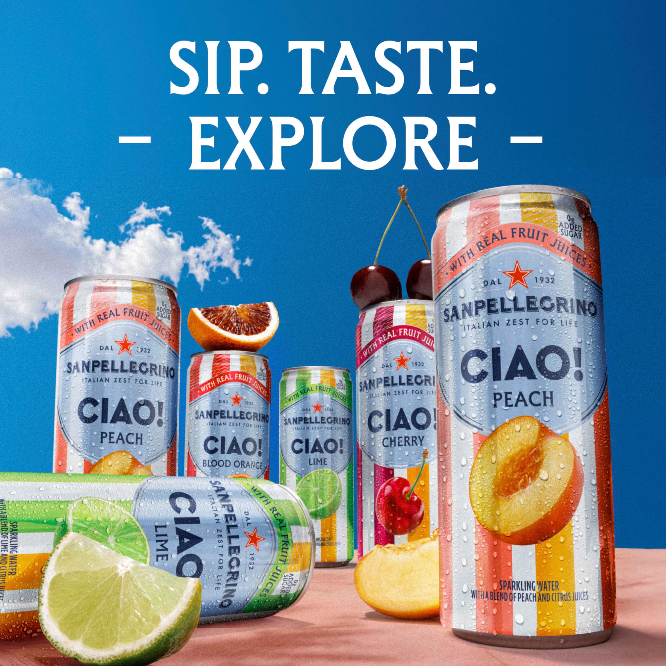 Sanpellegrino CIAO Cherry Sparkling Flavored Water with Real Fruit Juices, Case of 4, 6 Pack, 11.15 fl oz Cans