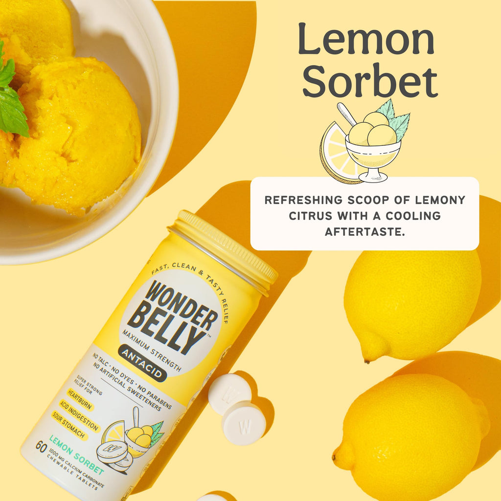 Wonderbelly Lemon Sorbet Antacid Chewable Tablets, 60 Count
