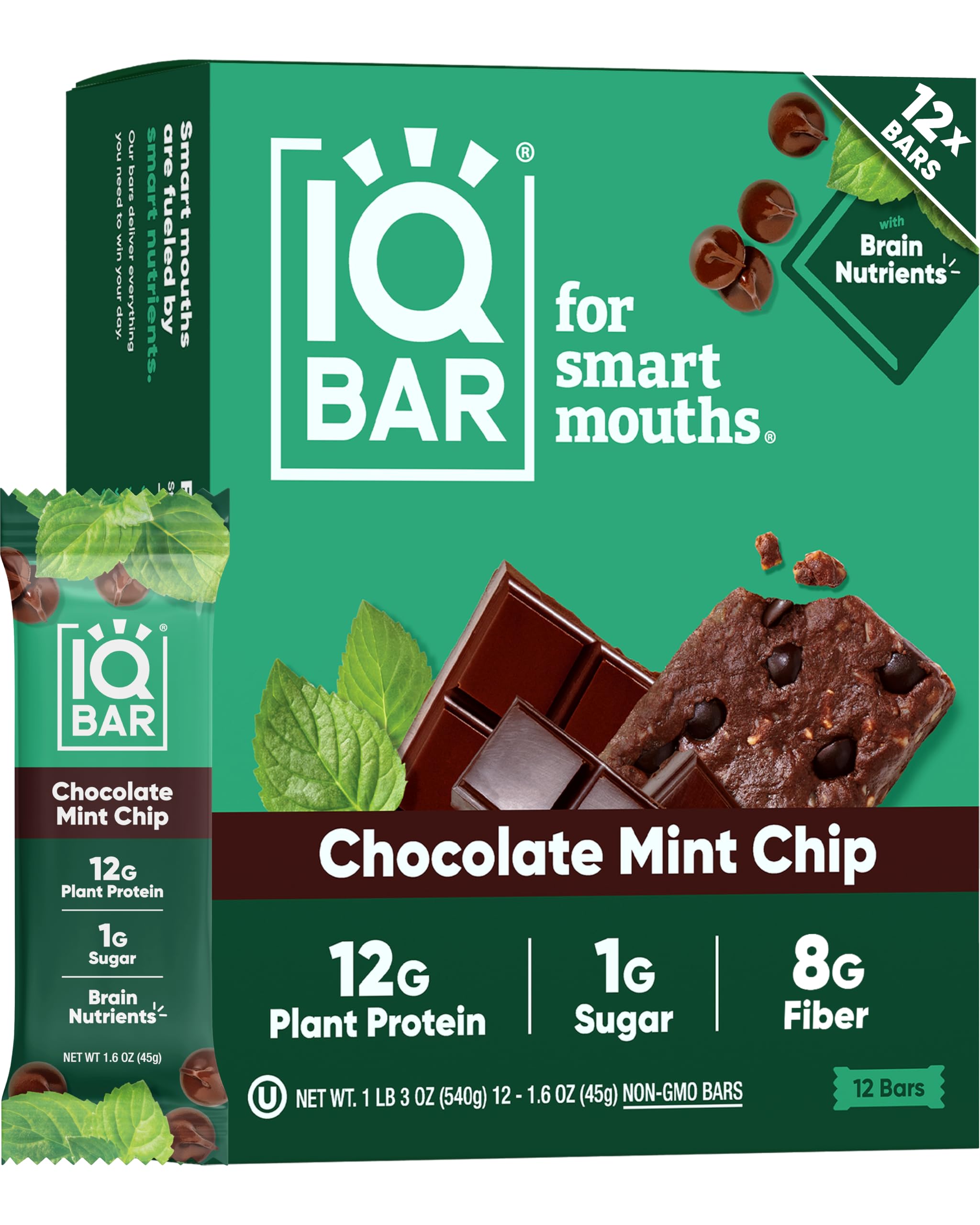 IQBAR Chocolate Mint Chip Bar, Case Of 12, 1.6 Oz