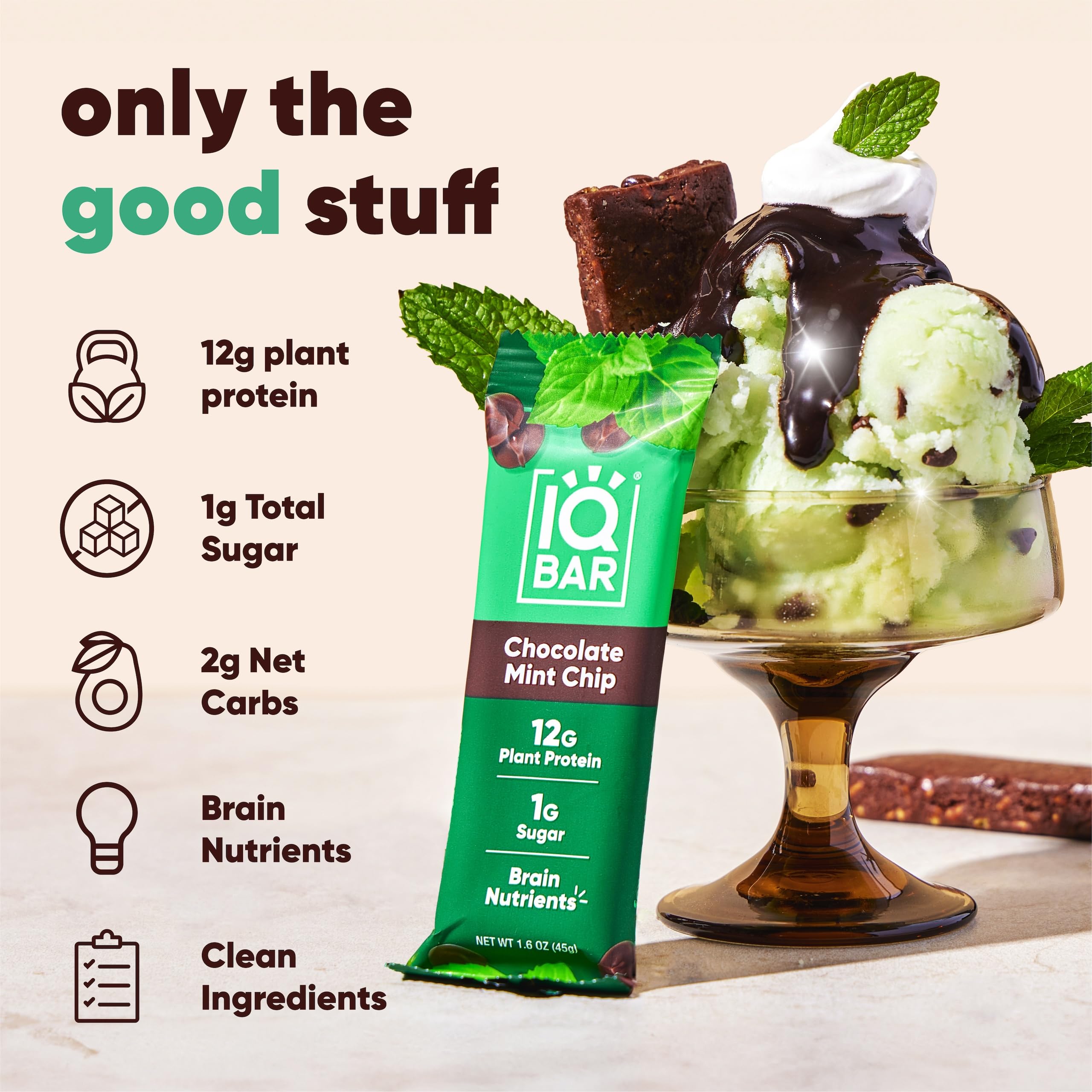 IQBAR Chocolate Mint Chip Bar, Case Of 12, 1.6 Oz