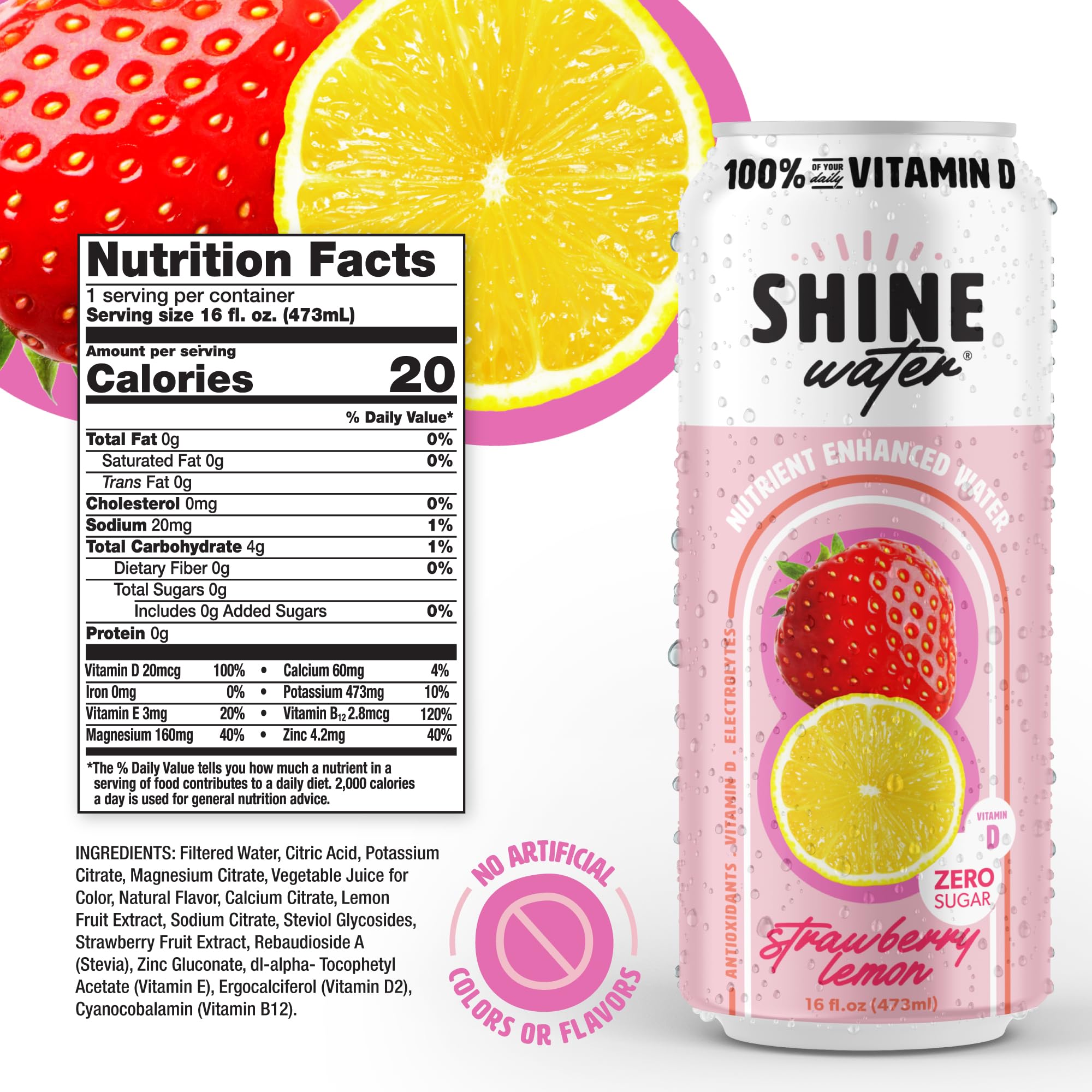 ShineWater Strawberry Lemon Flavored Water, Case of 12, 16 Fl Oz Bottles
