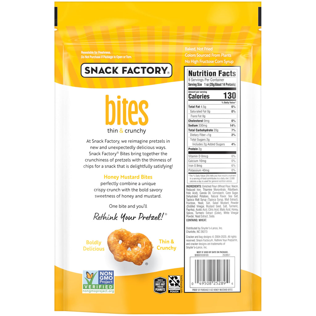 Snack Factory Honey Mustard Pretzel Snack Bites, Case of 12, 9 oz Bags
