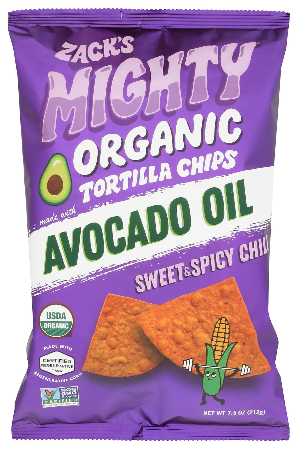 Zack's Mighty Organic Avocado Oil Chili Tortilla Chips, Case of 9, 7.5 Ounce Bags