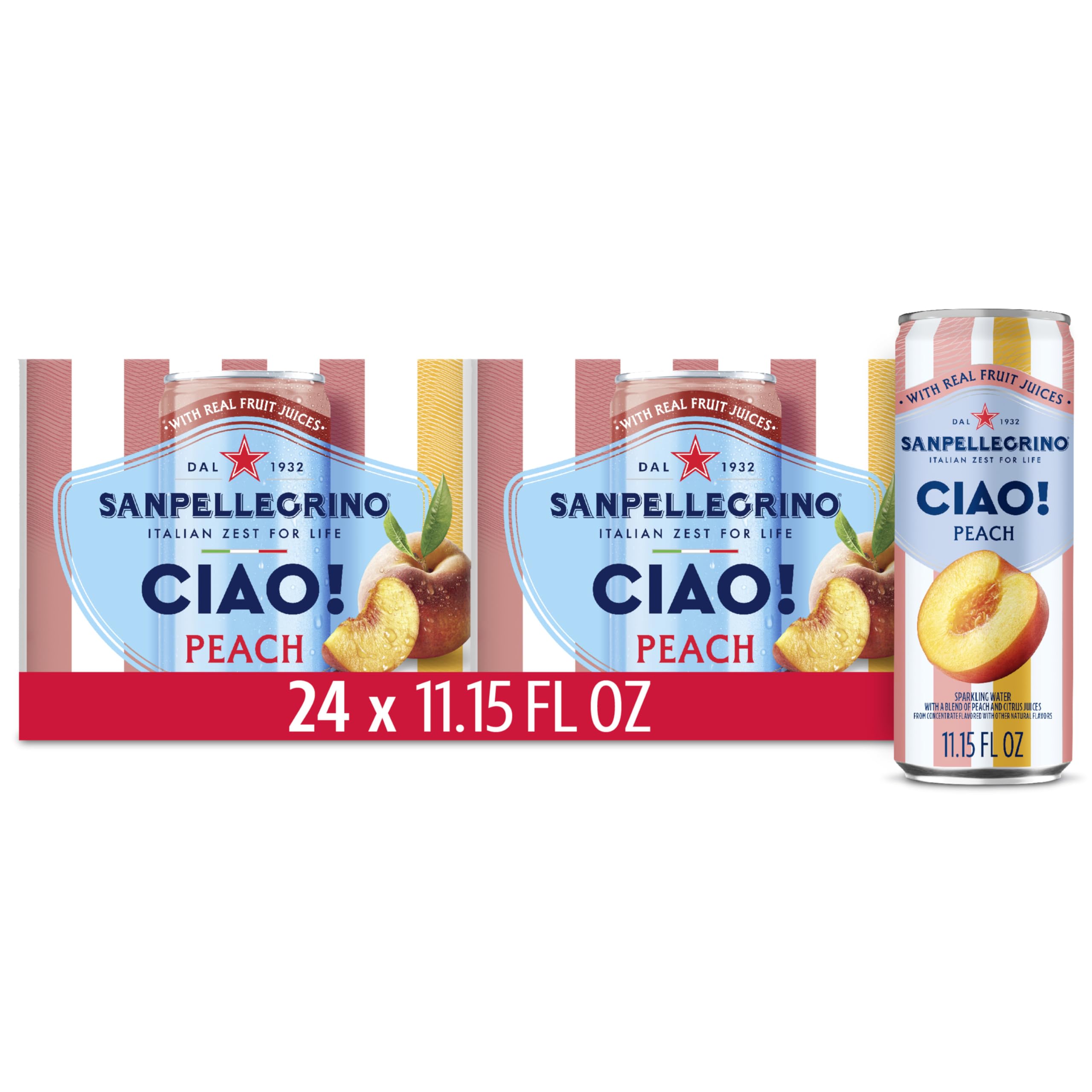 Sanpellegrino Ciao Peach Flavored Sparkling Water, Case of 4, 6-Pack 11.15 Fluid Ounce Cans