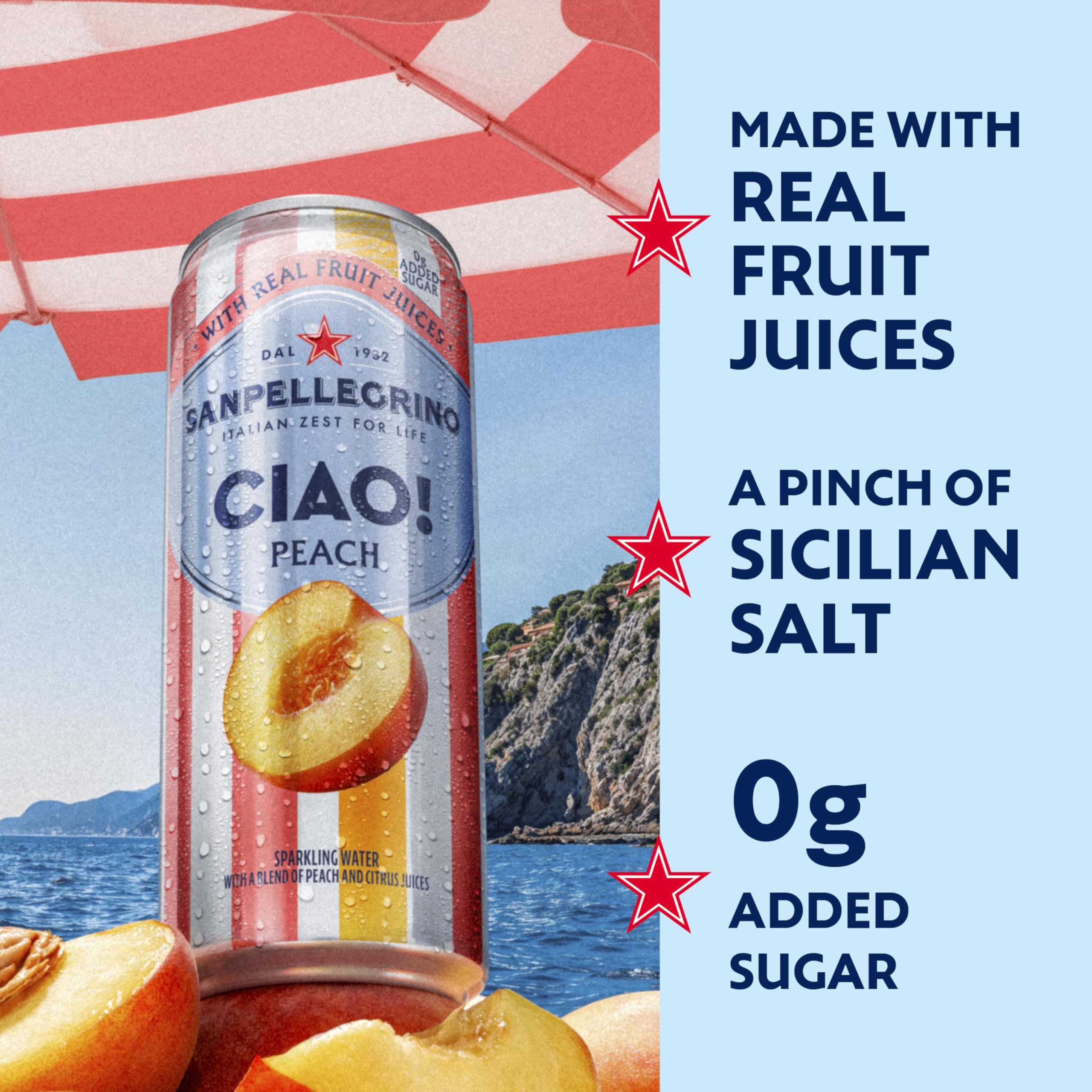 Sanpellegrino Ciao Peach Flavored Sparkling Water, Case of 4, 6-Pack 11.15 Fluid Ounce Cans