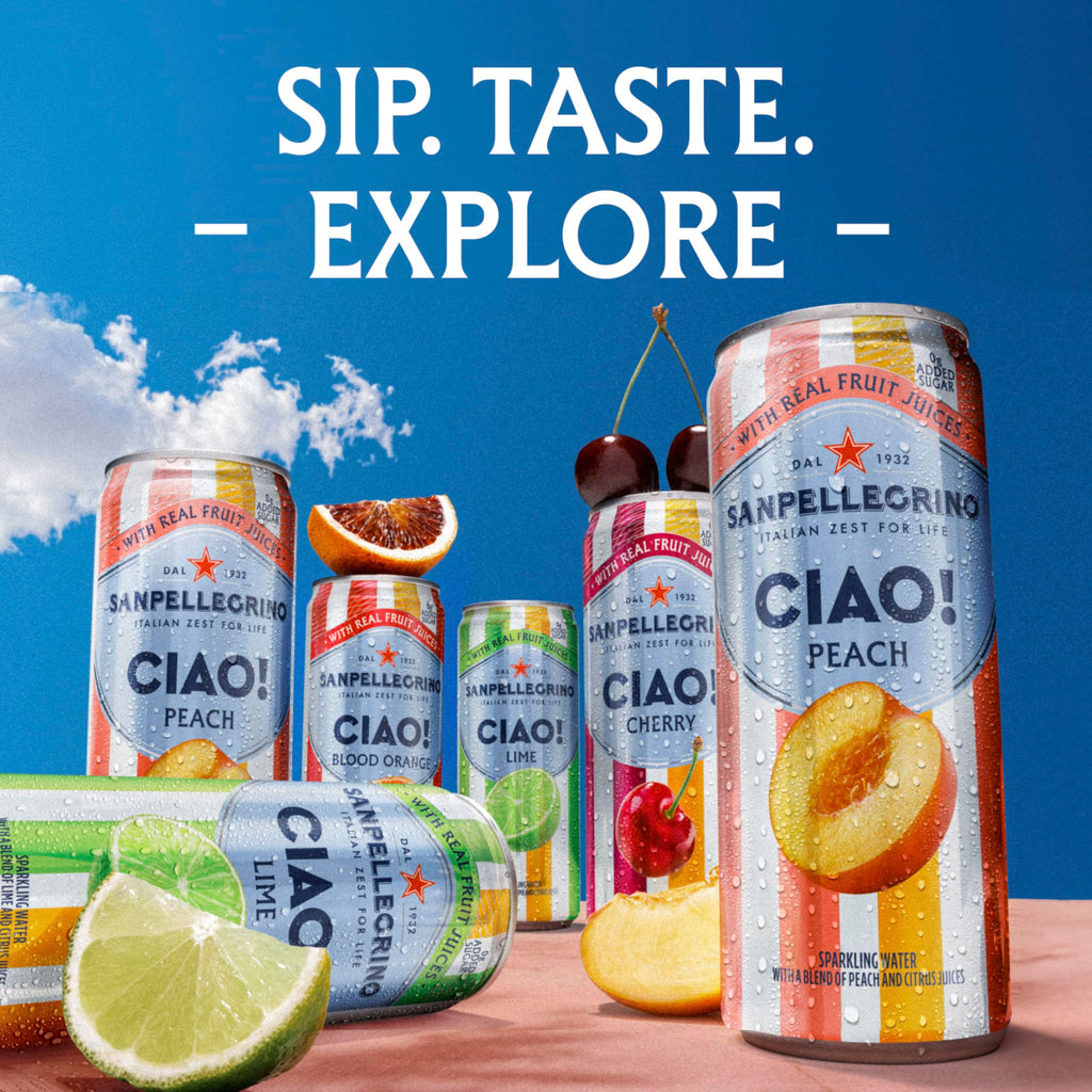 Sanpellegrino Ciao Peach Flavored Sparkling Water, Case of 4, 6-Pack 11.15 Fluid Ounce Cans