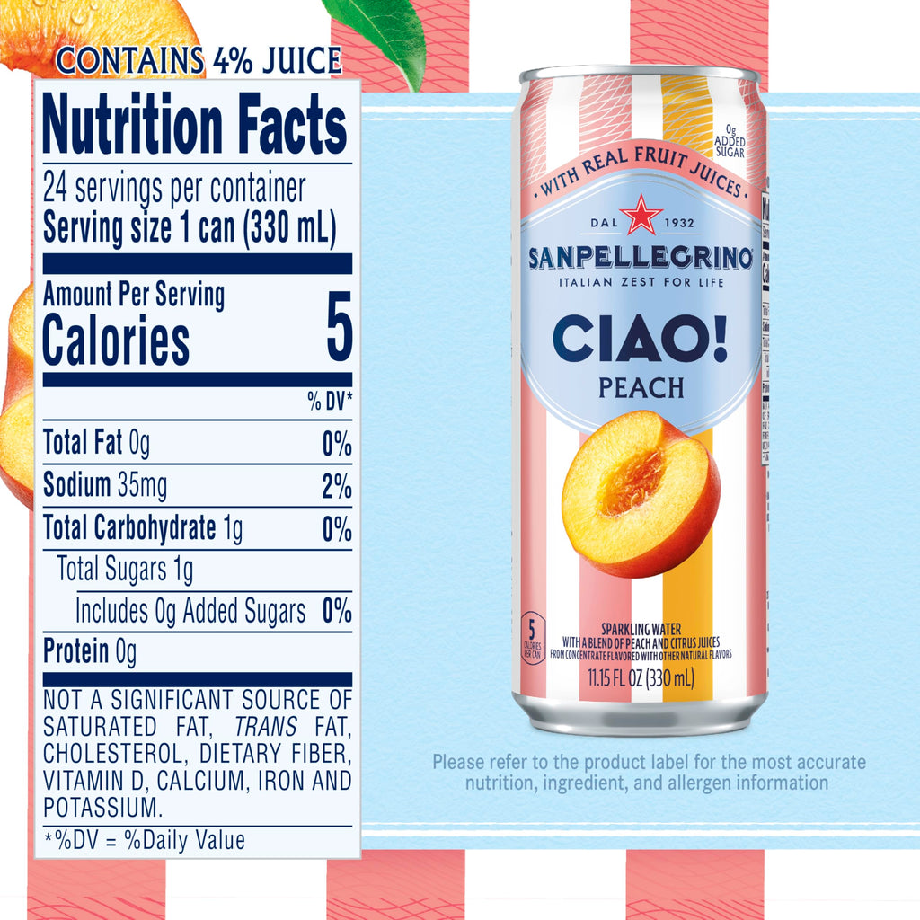 Sanpellegrino Ciao Peach Flavored Sparkling Water, Case of 4, 6-Pack 11.15 Fluid Ounce Cans