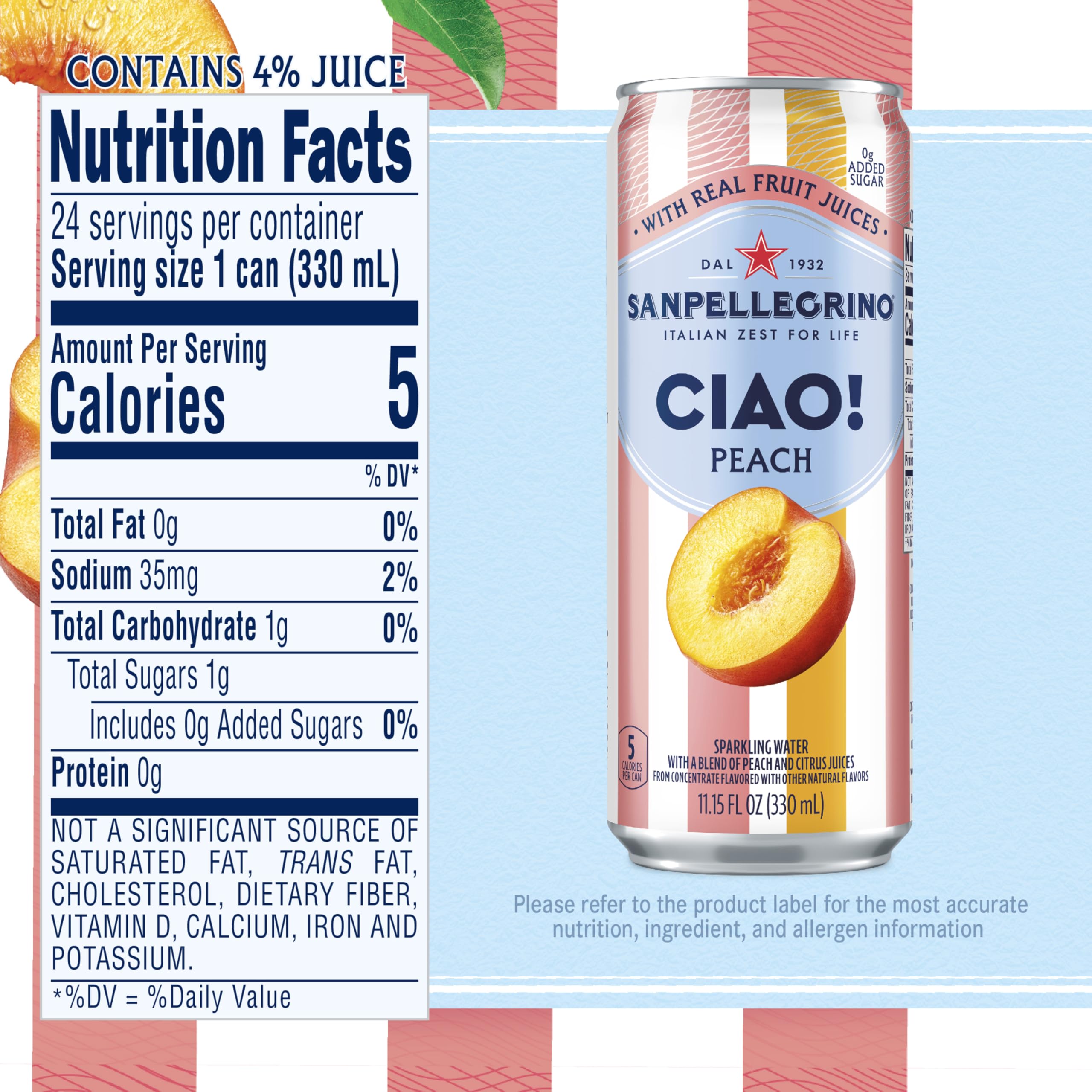 Sanpellegrino Ciao Peach Flavored Sparkling Water, Case of 4, 6-Pack 11.15 Fluid Ounce Cans
