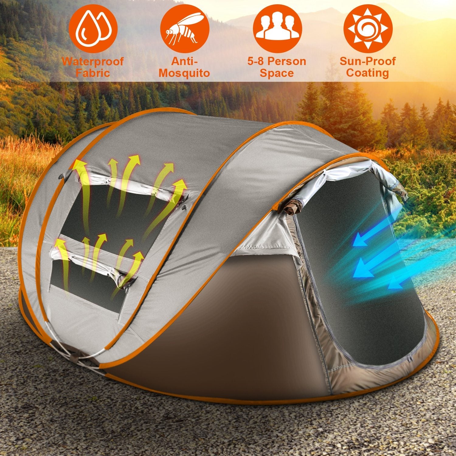 3-4 Person Pop Up Tent Automatic Setup Camping Tent Waterproof Instant Setup Tent with 2 Mosquito Net Windows Carrying Bag for Hiking Climbing Adventu