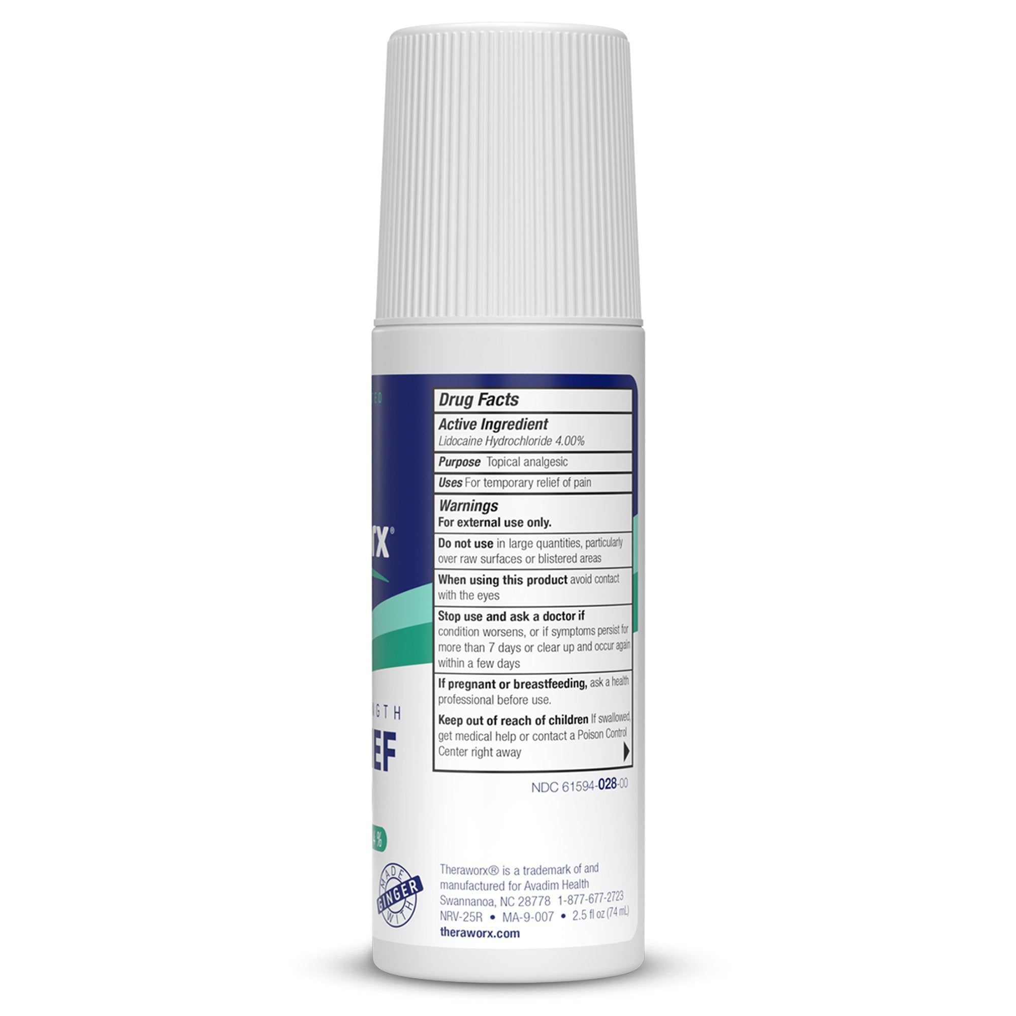 Theraworx® Maximum Strength Pain Relief Roll-On with 4% Lidocaine NRV-25R-4X4