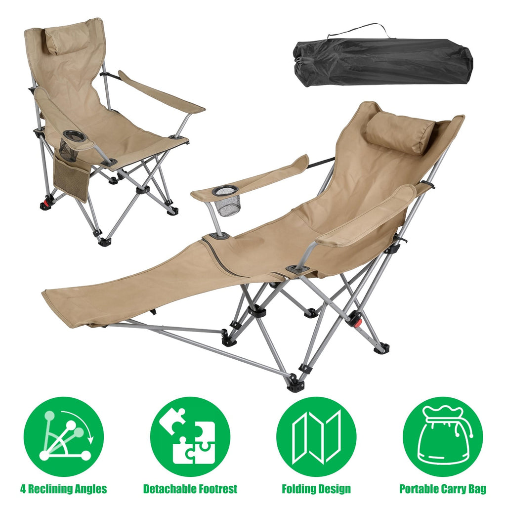 Reclining Camping Chair with Footrest 4-Position Adjustable Outdoor Folding Chair Heavy Duty Portable Camping Lounge Chair with Headrest Cup Holder &