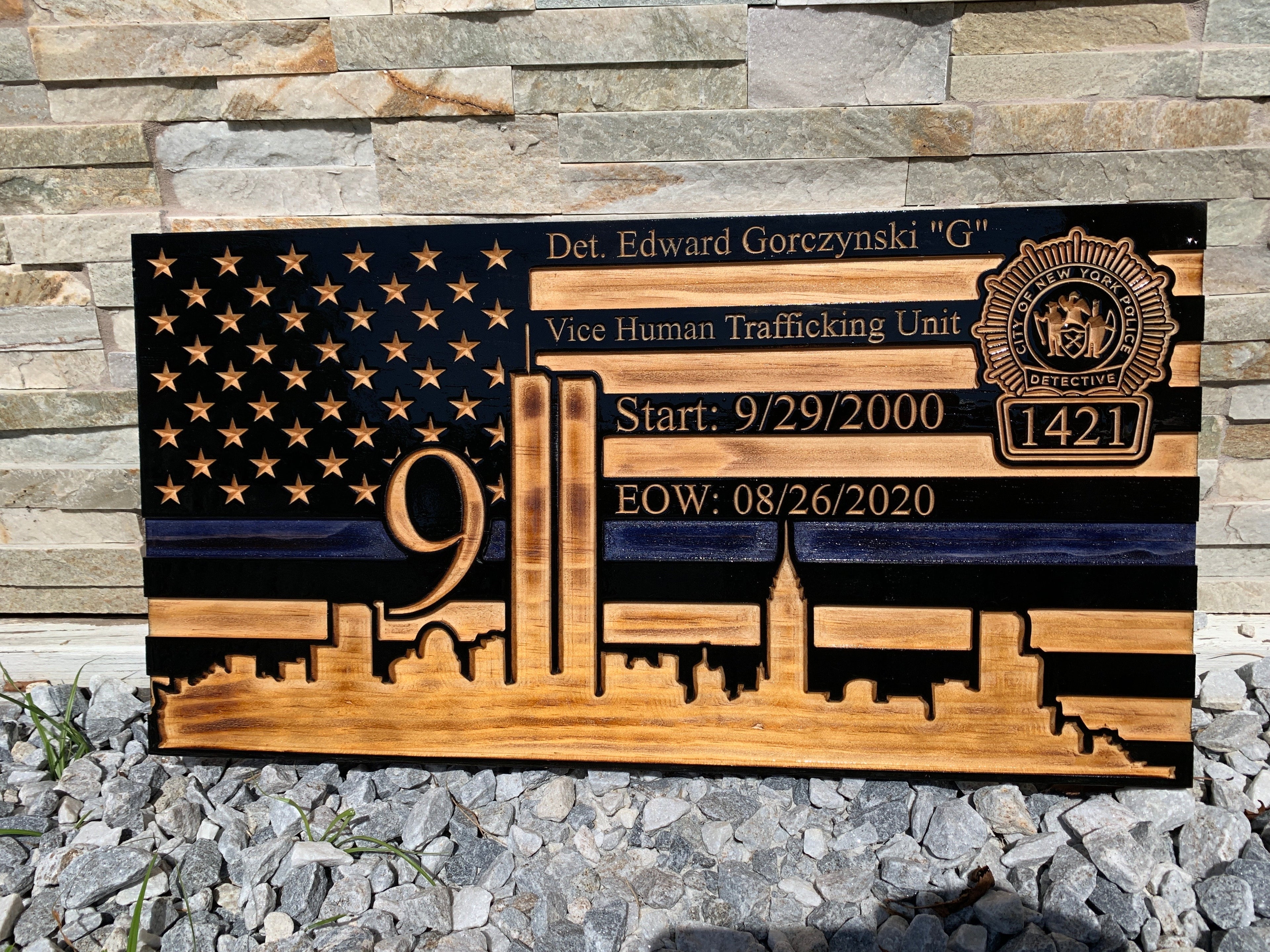 Personalized 9/11 Tribute Wooden Flag with NYC Skyline