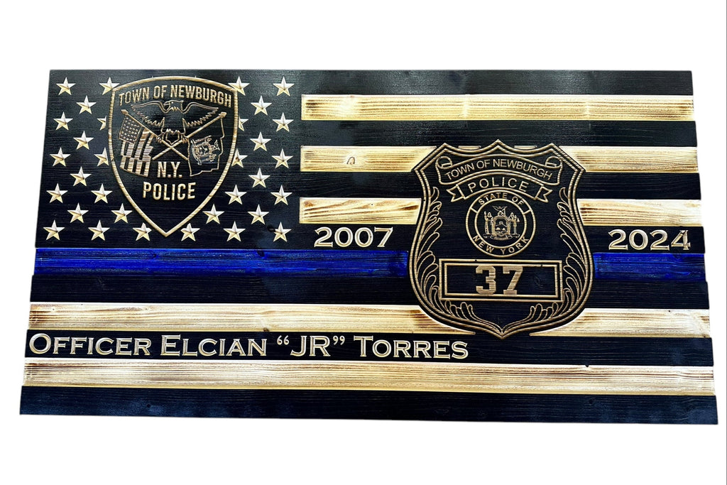Custom Thin Blue Line Wooden Flag with Engraved Police Badge