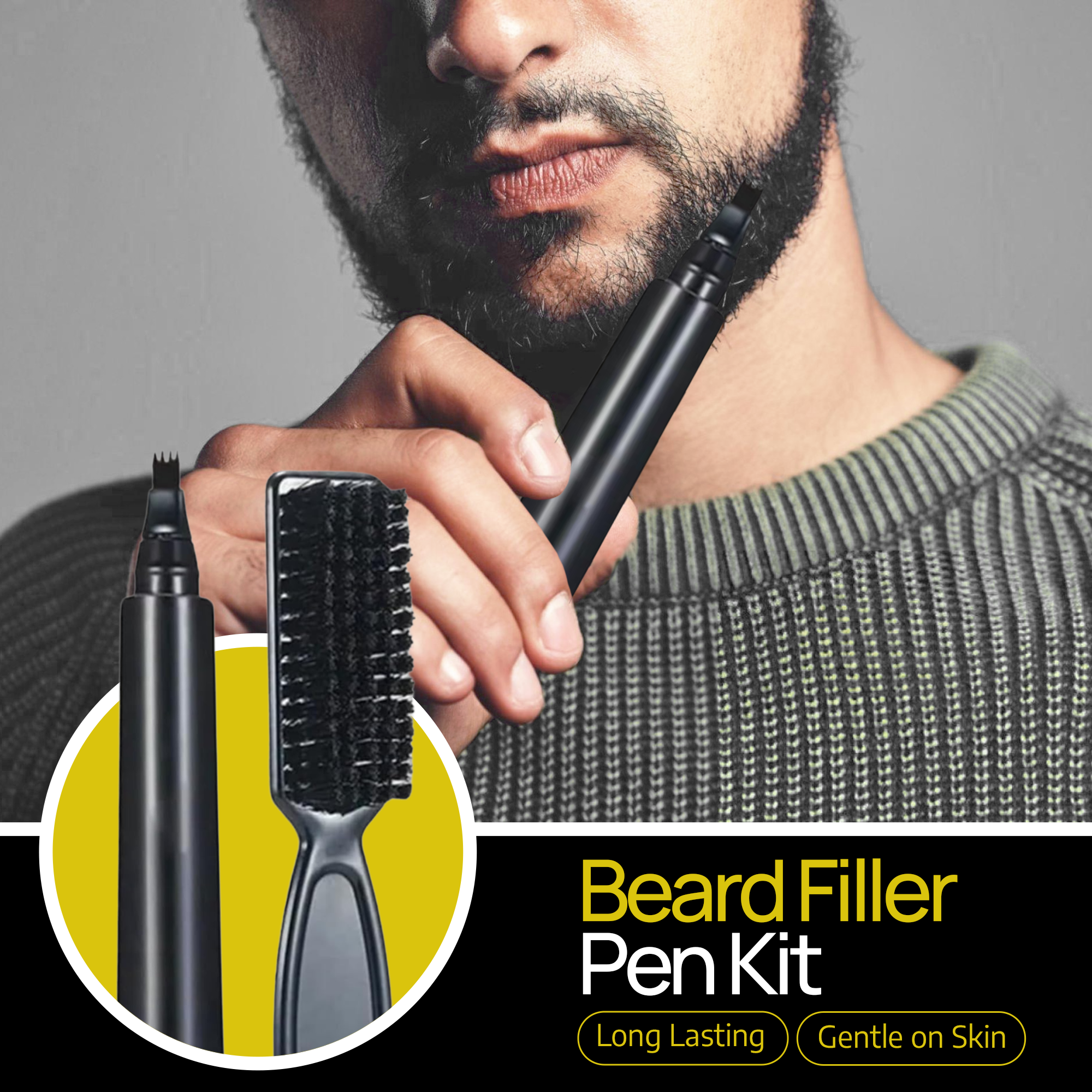 SELZALOT 4-Tip Beard Filler Pen Kit - Waterproof, Sweat-Proof, Long-Lasting Coverage for a Fuller Beard with Brush