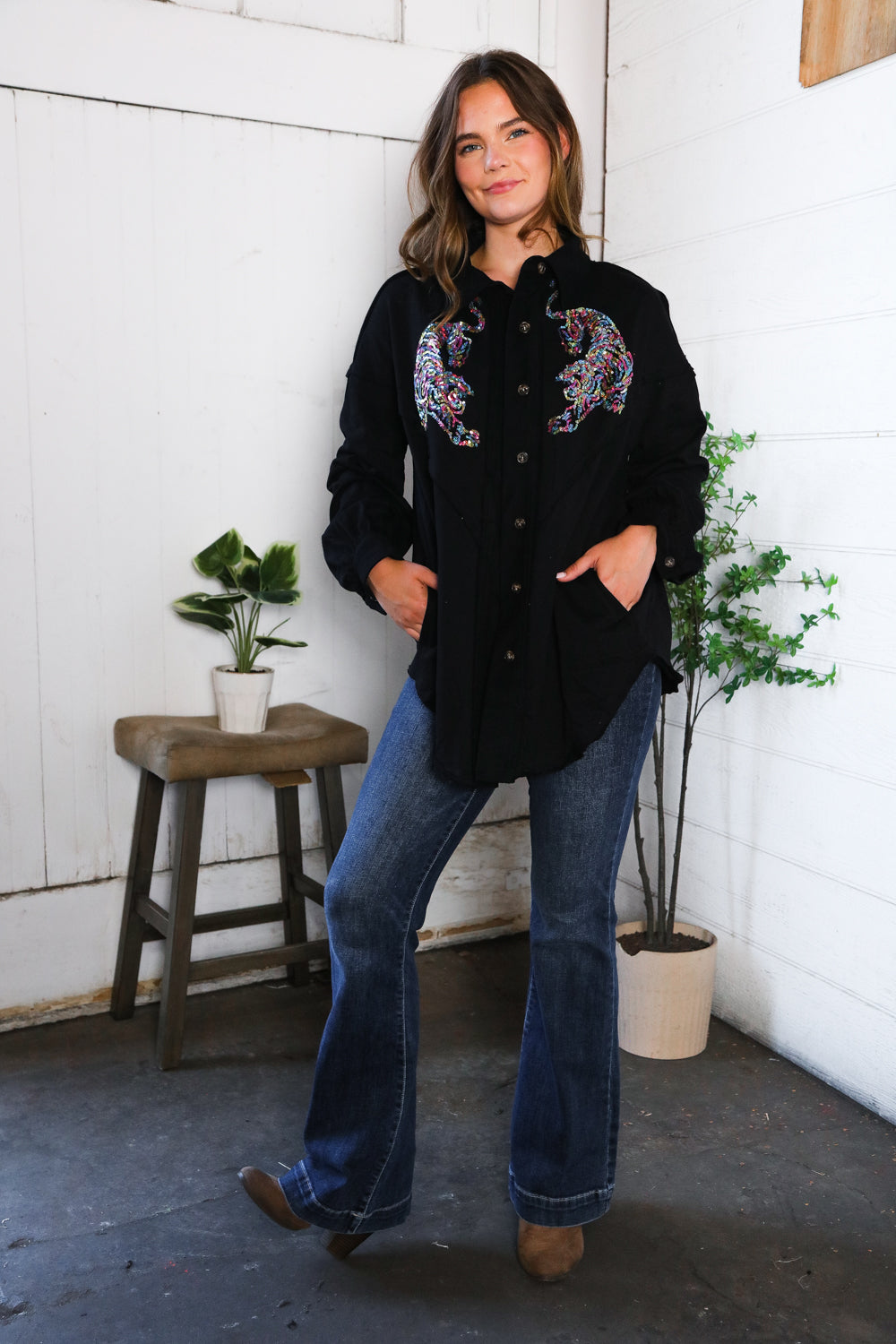 Tiger Sequin Applique Button Down Jacket (2 colors)