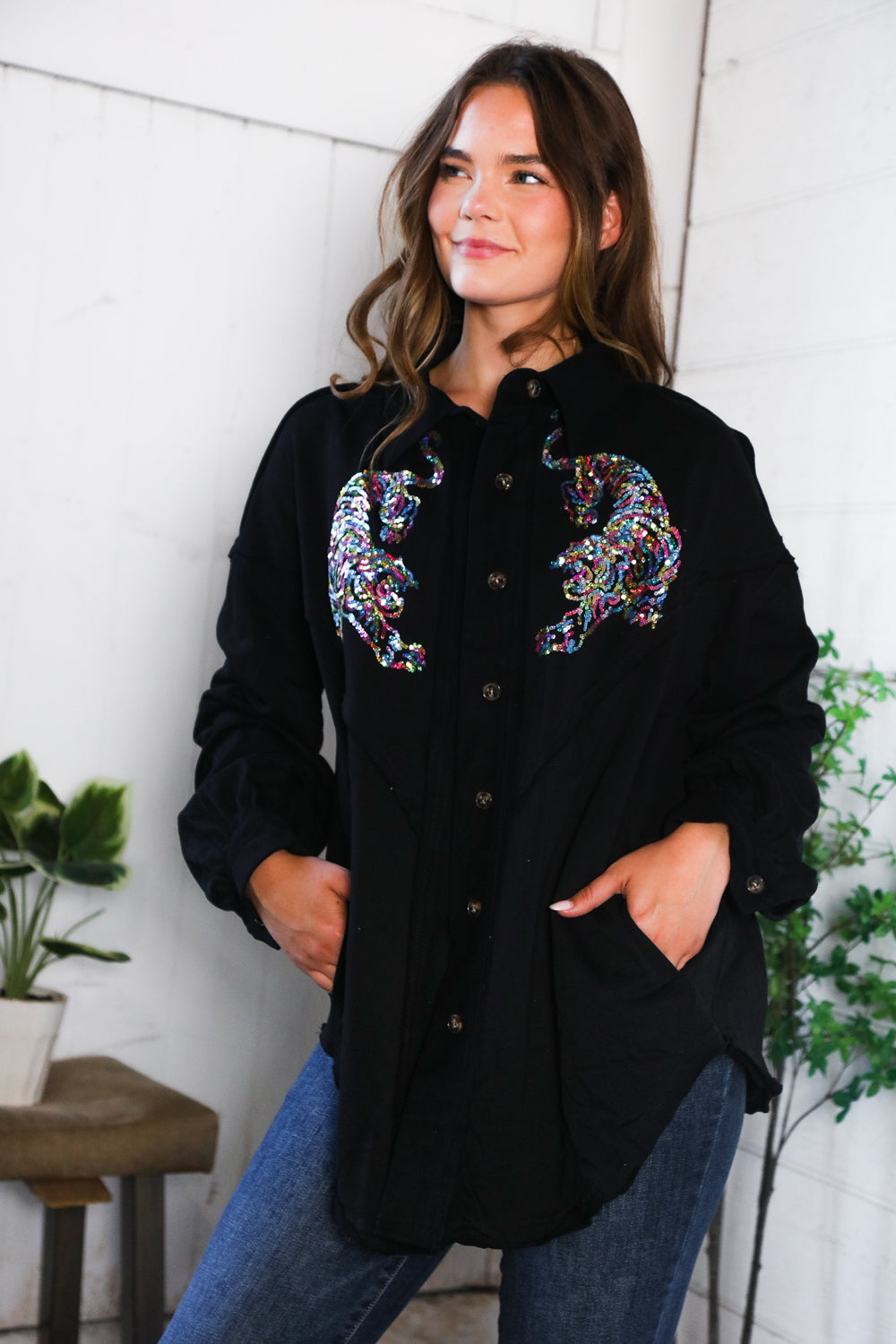 Tiger Sequin Applique Button Down Jacket (2 colors)