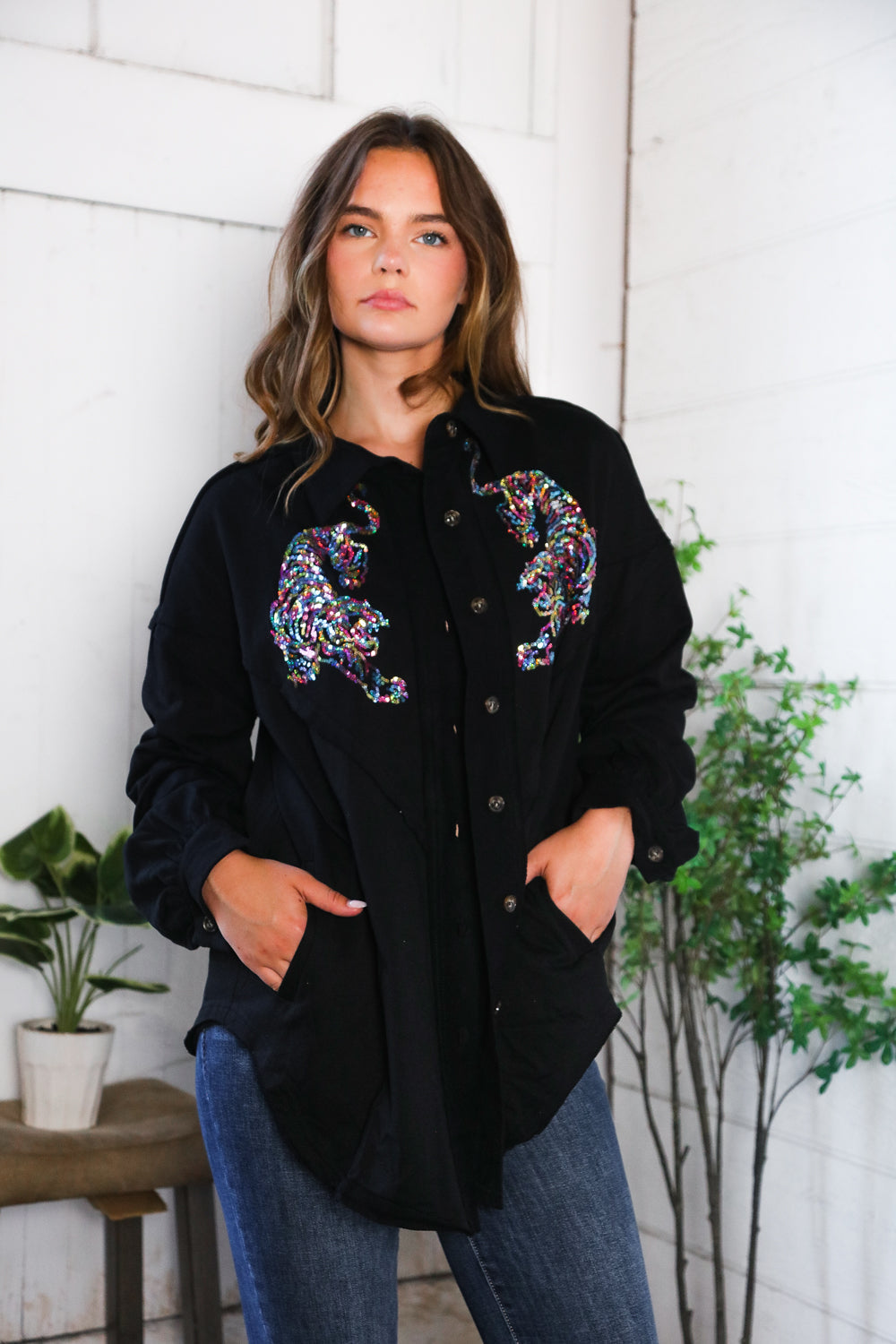 Tiger Sequin Applique Button Down Jacket (2 colors)
