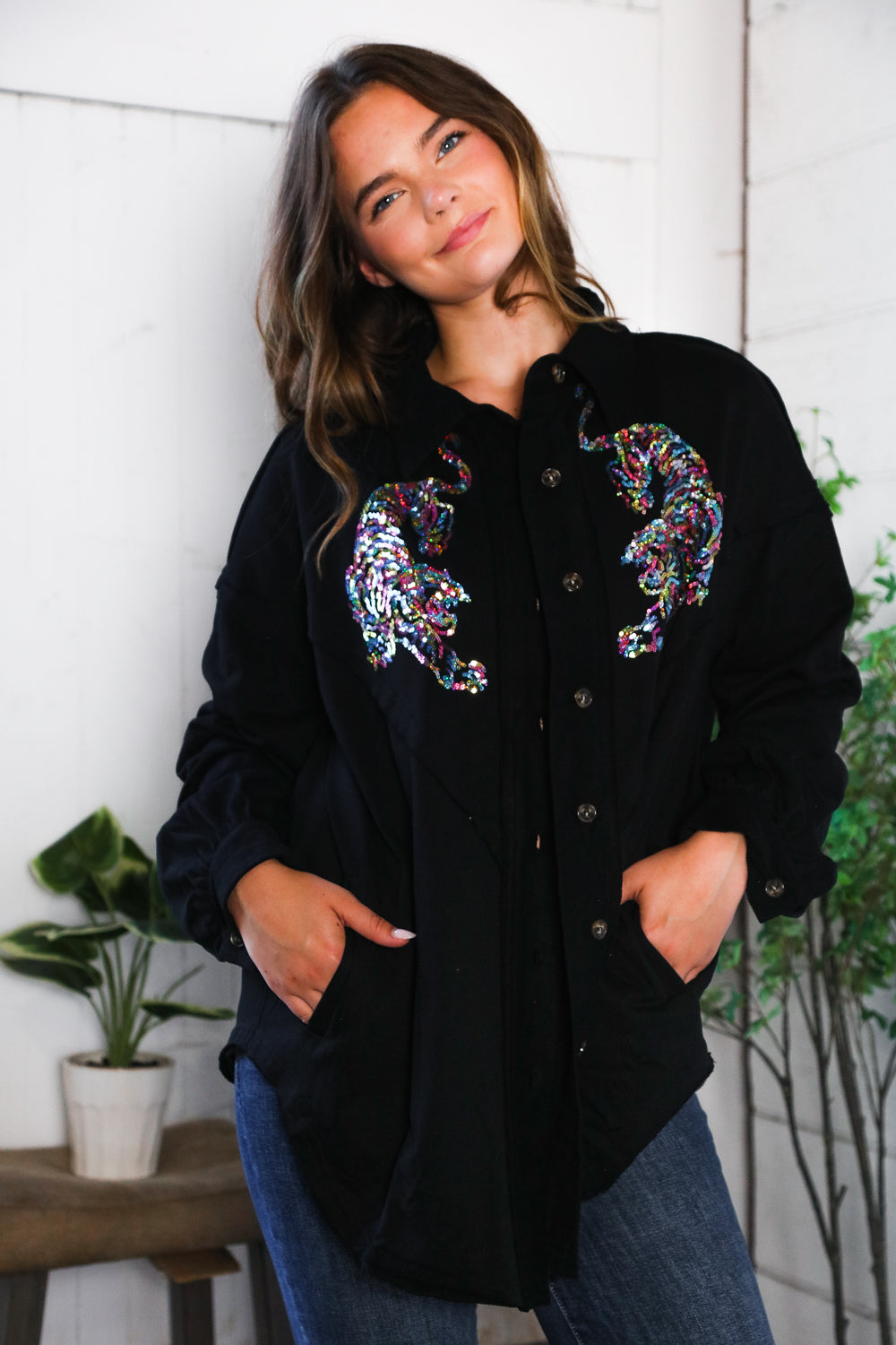 Tiger Sequin Applique Button Down Jacket (2 colors)