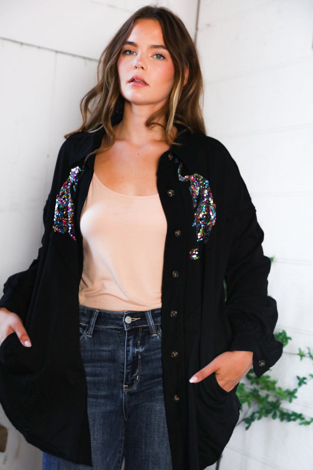 Tiger Sequin Applique Button Down Jacket (2 colors)