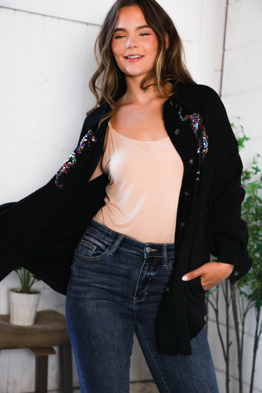 Tiger Sequin Applique Button Down Jacket (2 colors)