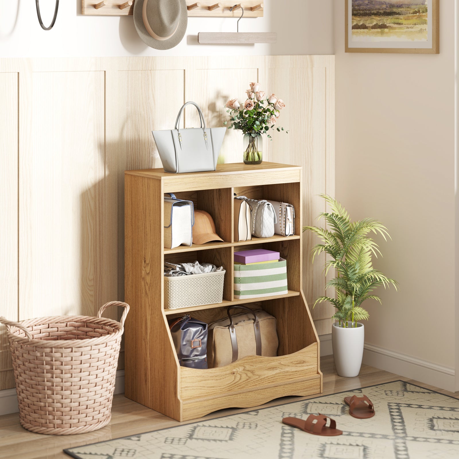 3-Tier Children's Multi-Functional Bookcase Toy Storage Bin Floor Cabinet-Natural