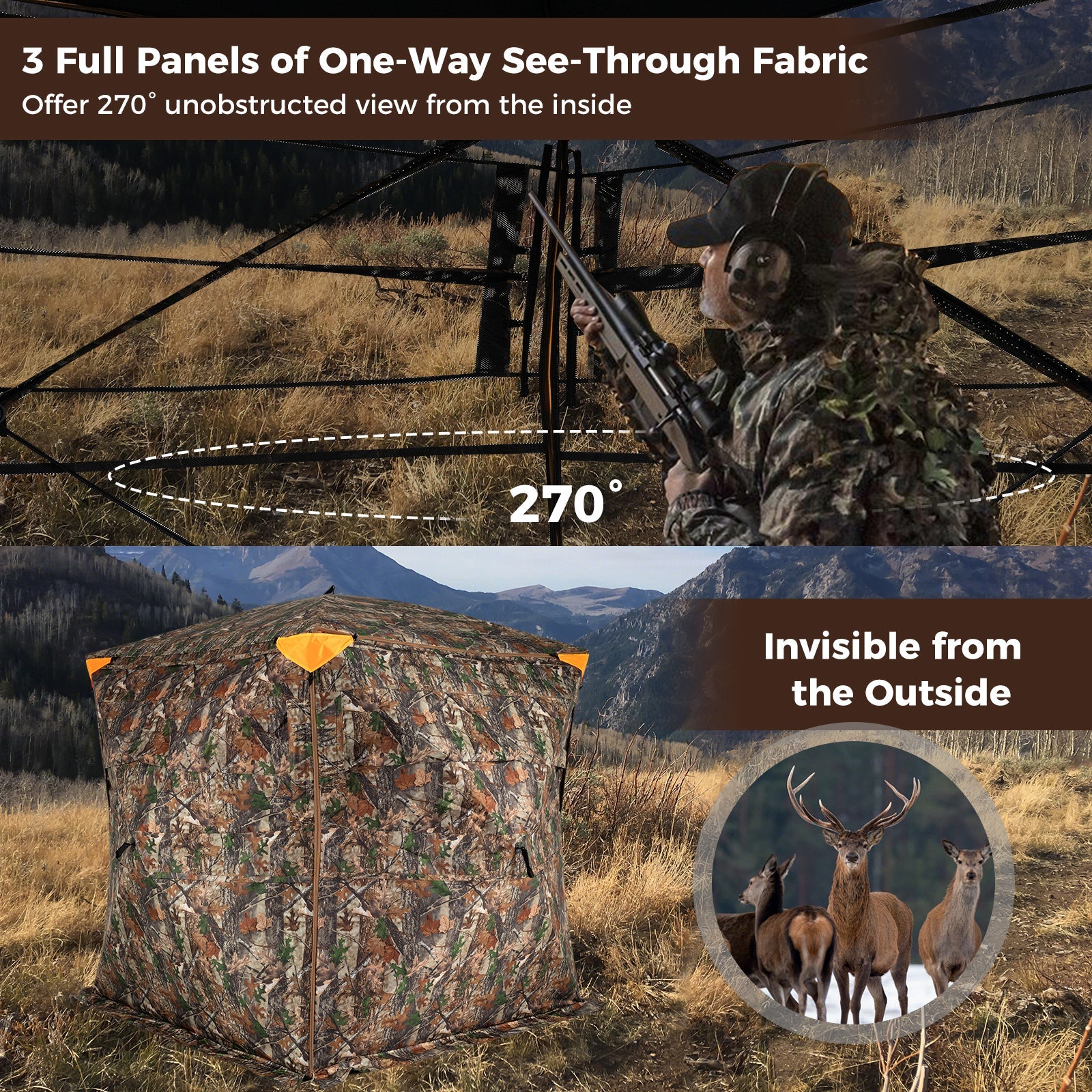 3-4 Person Hunting Blind 270° See-Through Pop-up Ground Blind with Full-Open Swing Door