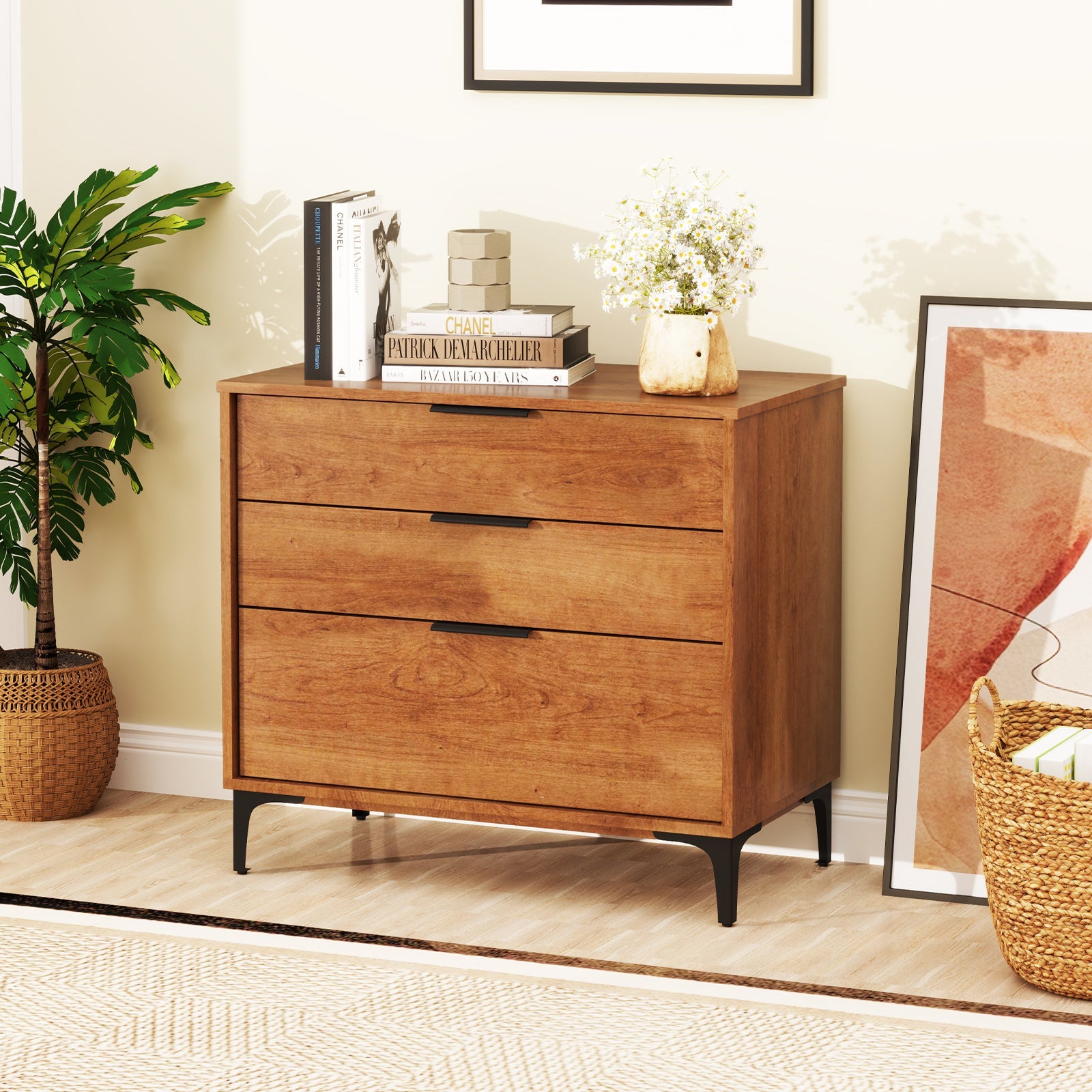 3 Drawer Dresser with Interlock System for Bedroom Living Room-Cherry