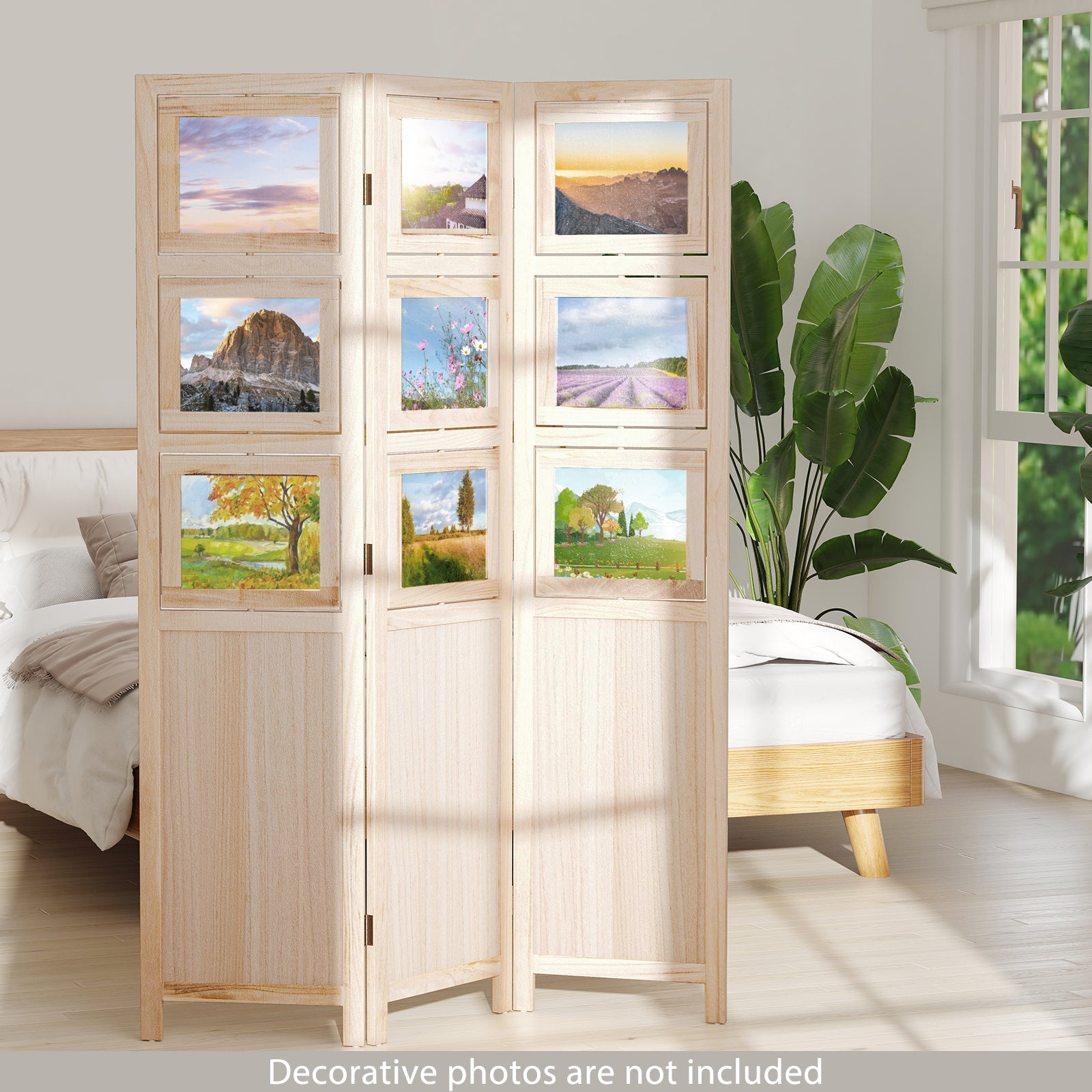 3 Panel Folding Privacy Screen with 9 Swivel Paulownia Wood Photo Frames-Natural