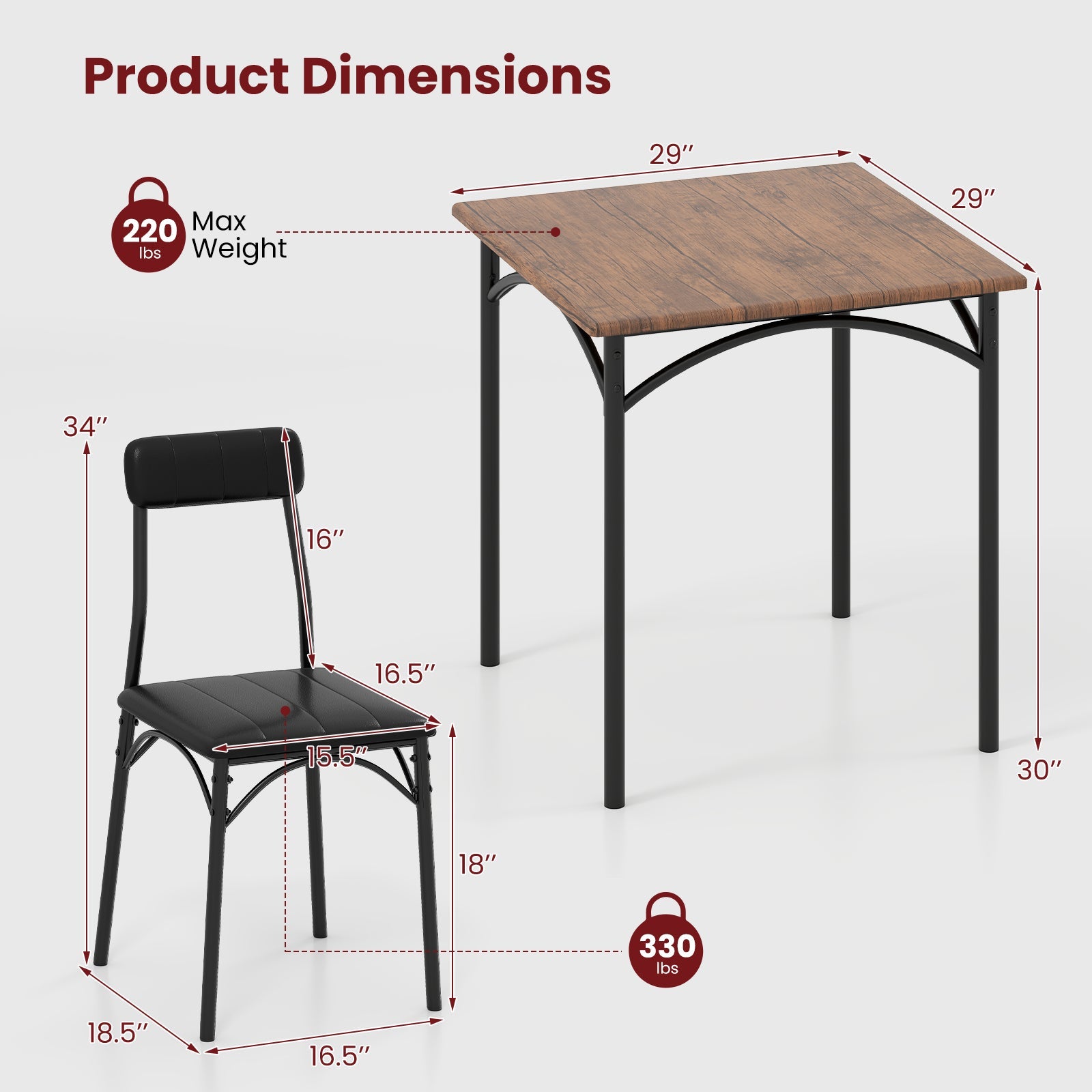 3-Piece Dining Table Set Square Kitchen Table and 2 Chairs for Dining Room-Rustic Brown