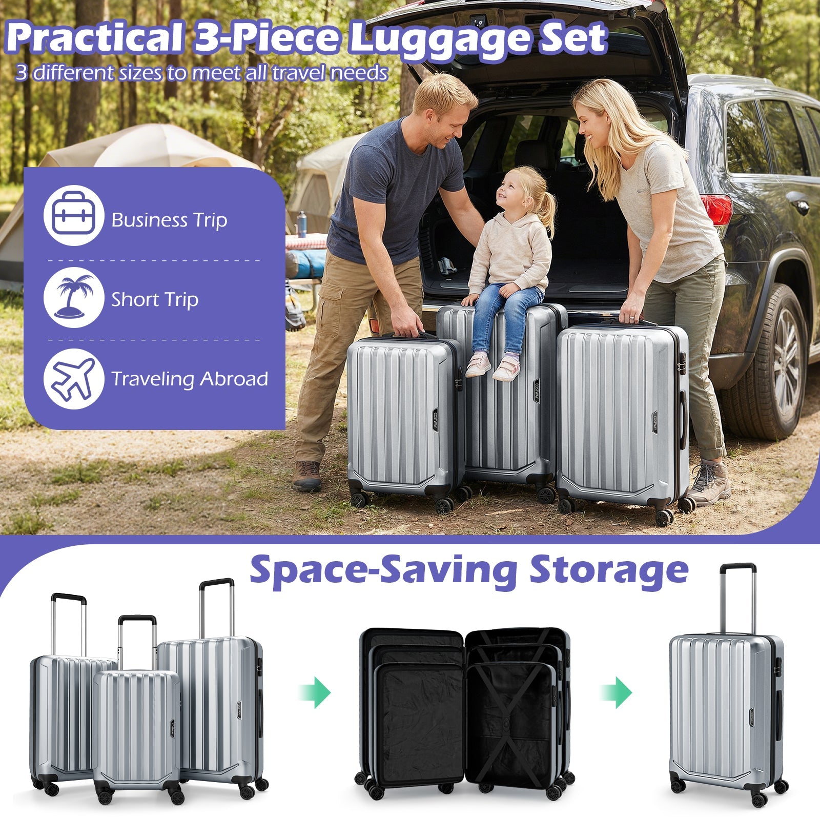 3-Piece Hardside Luggage Set (20/24/28 Inch) Lightweight with 3-Digital Lock