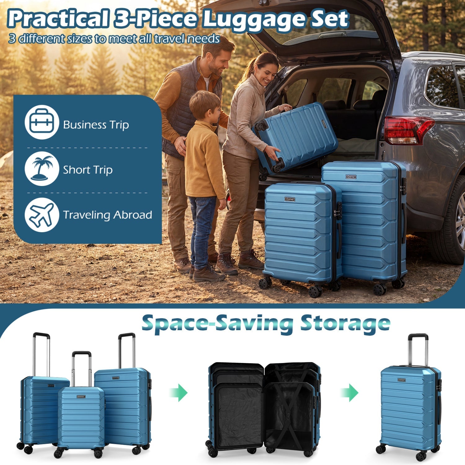 3-Piece Hardside Luggage Set Lightweight Hardside Suitcases with 8-Spinner Wheels