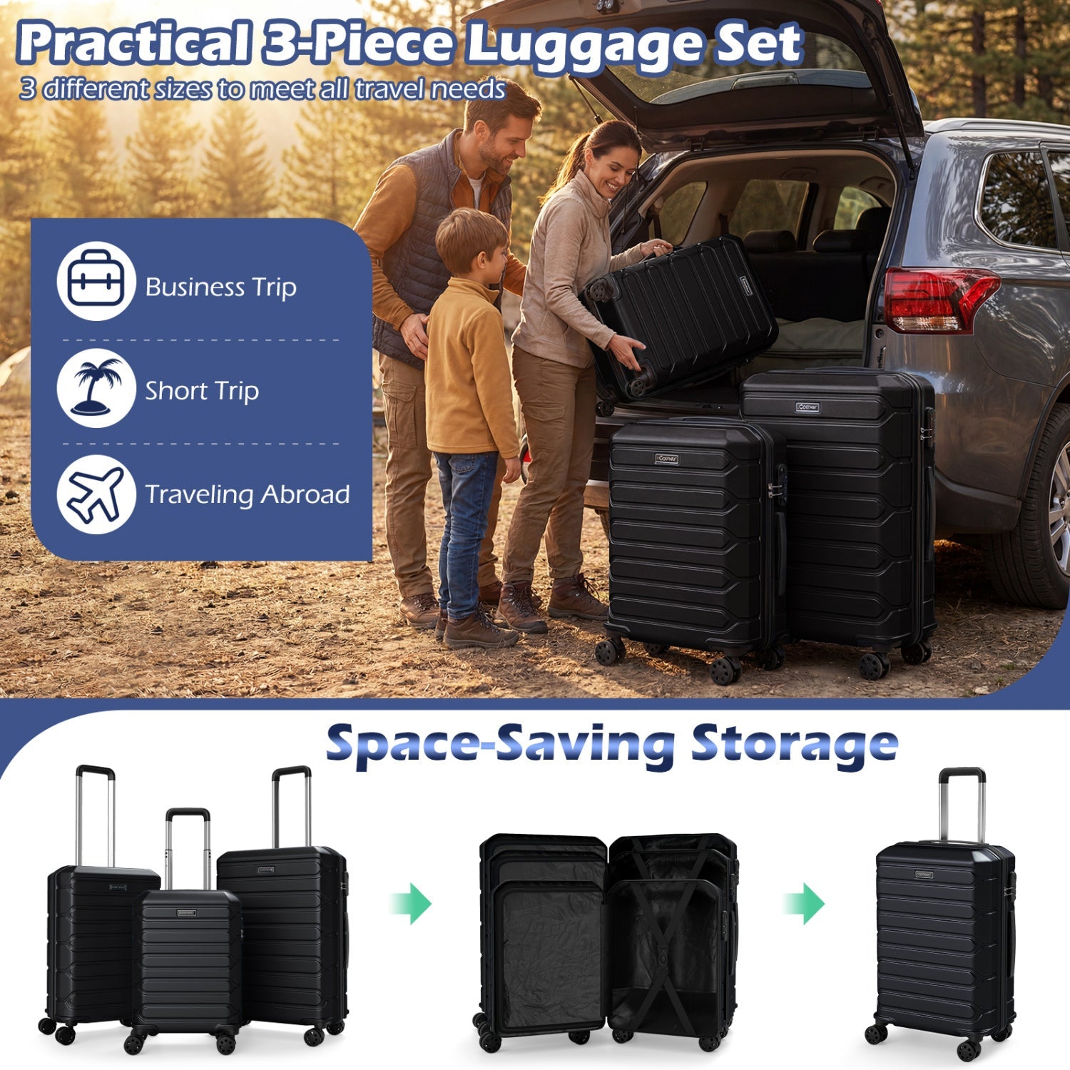 3-Piece Hardside Luggage Set Lightweight Hardside Suitcases with 8-Spinner Wheels