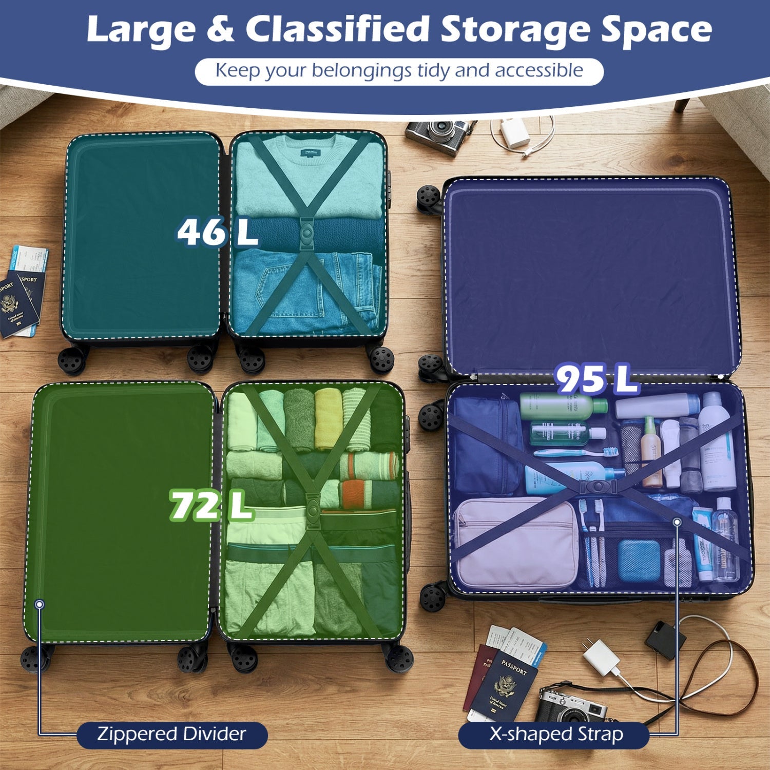 3-Piece Hardside Luggage Set Lightweight Hardside Suitcases with 8-Spinner Wheels
