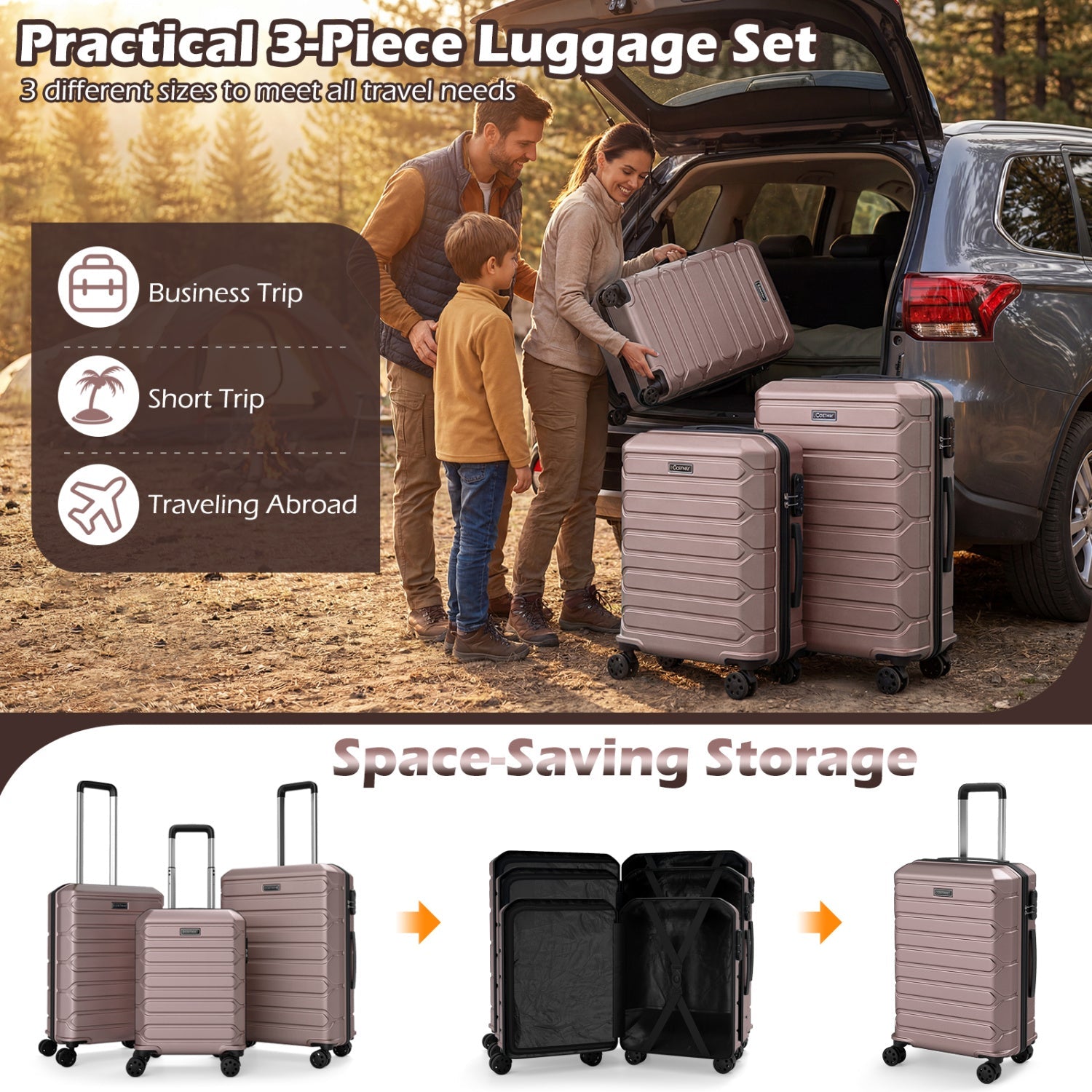 3-Piece Hardside Luggage Set Lightweight Hardside Suitcases with 8-Spinner Wheels