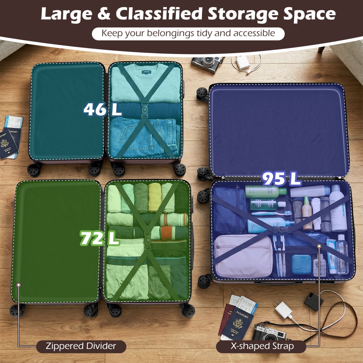 3-Piece Hardside Luggage Set Lightweight Hardside Suitcases with 8-Spinner Wheels