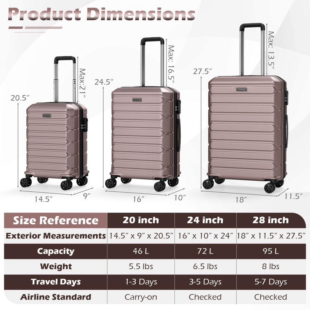 3-Piece Hardside Luggage Set Lightweight Hardside Suitcases with 8-Spinner Wheels