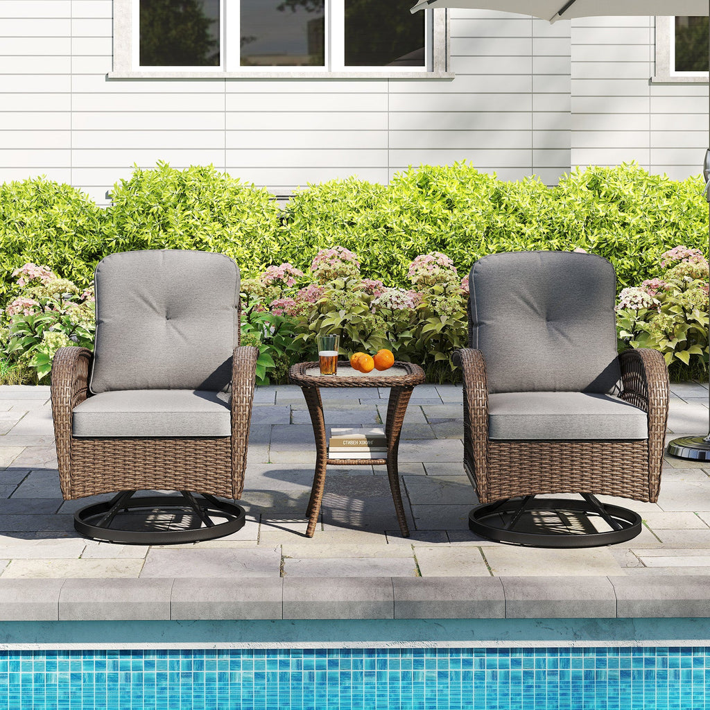 3 Piece Patio Swivel Rocker Set with Tempered Glass Side Table and Thick Cushions