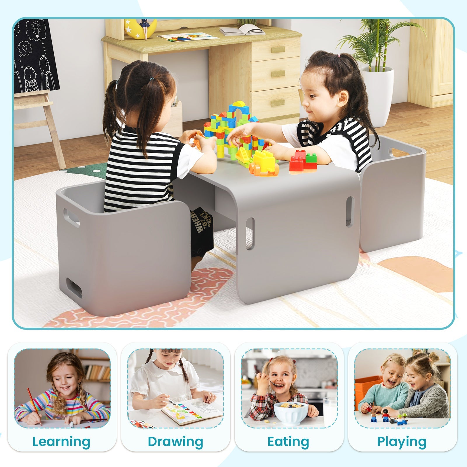 3 Pieces Kids Wooden Table and Chair Set-Gray