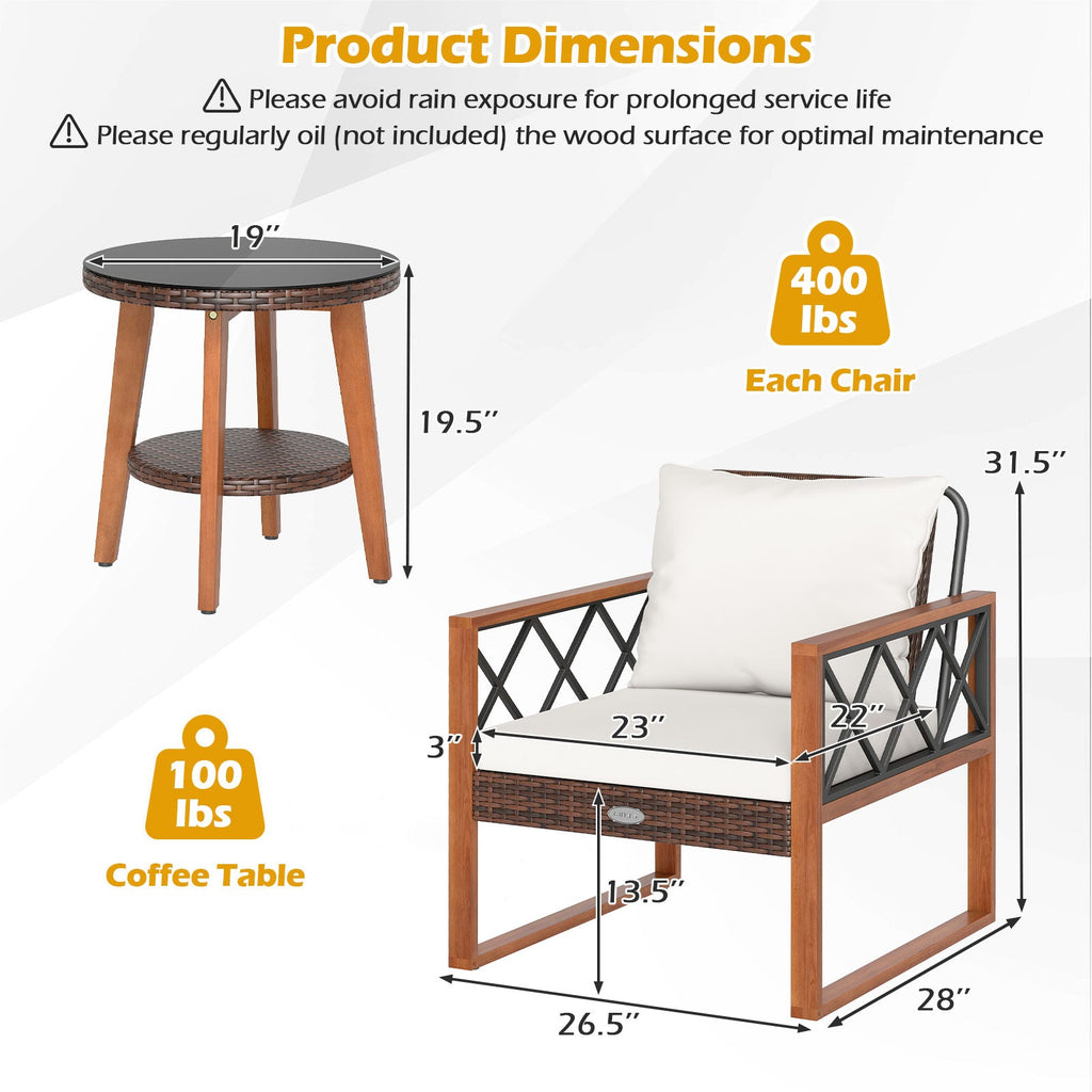 3 Pieces Patio Furniture Set with Tempered Glass Top Table and Soft Cushions-Off White