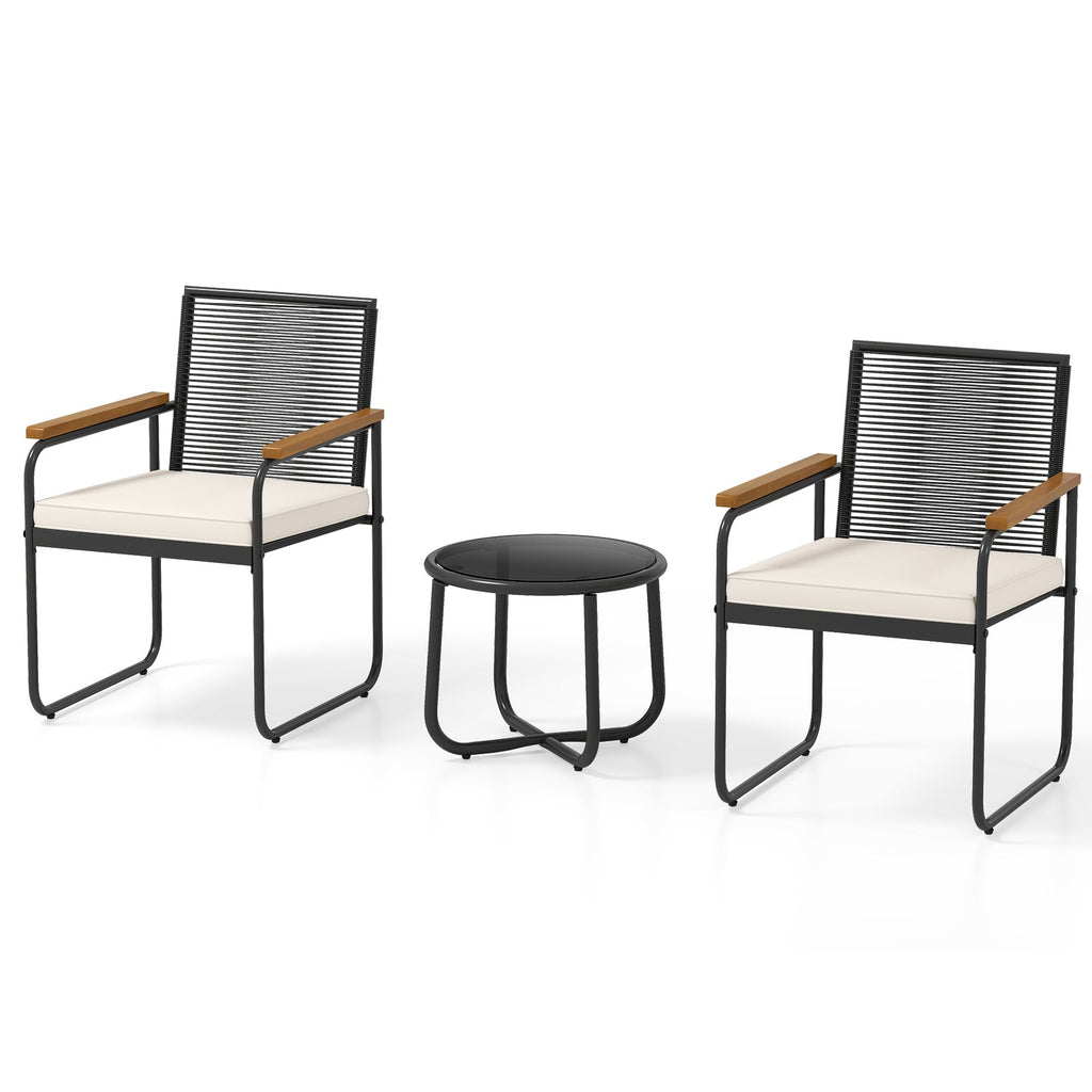 3 Pieces Patio Furniture Set PE Rattan Porch Chairs with Round Tempered Glass Top Table-White