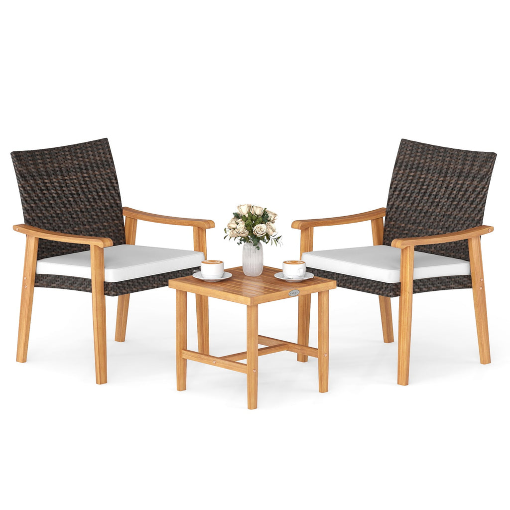 3 Pieces Patio PE Wicker Furniture Set Acacia Wood Outdoor Conversation Bistro Set-White