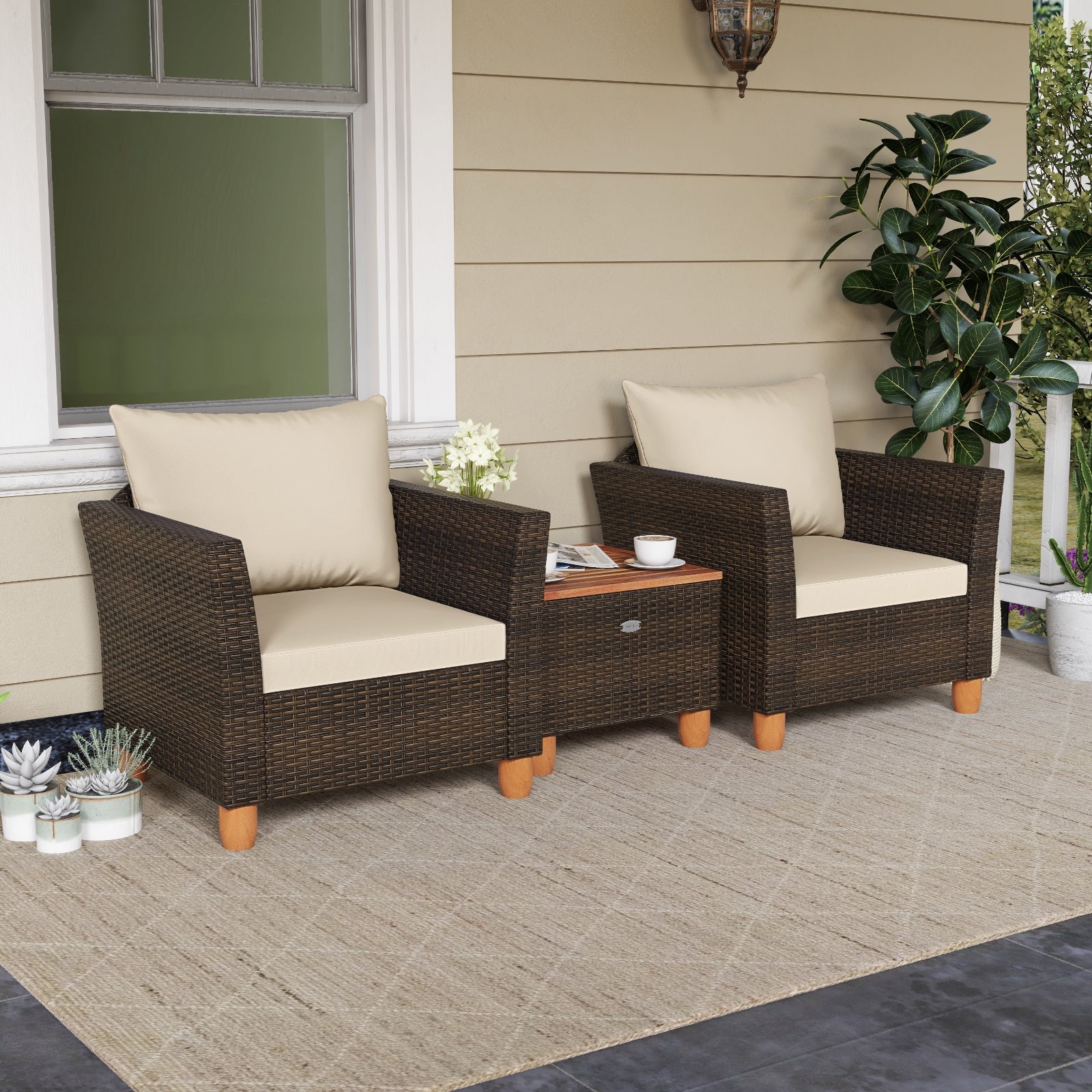 3 Pieces Patio Rattan Bistro Furniture Set with Wooden Table Top