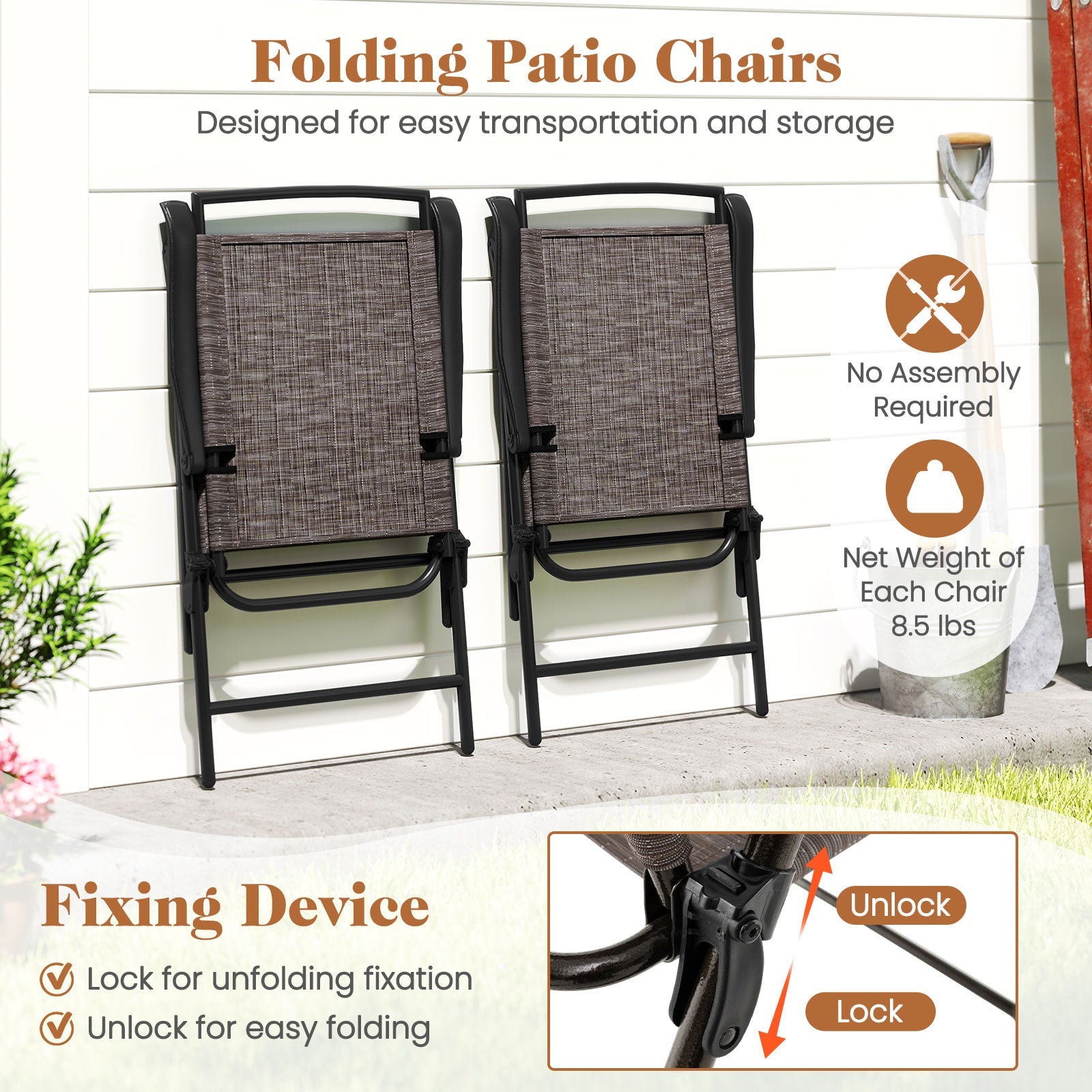 3 Pieces Patio Round Table and Folding Chairs Set with Rippled Tempered Glass Tabletop